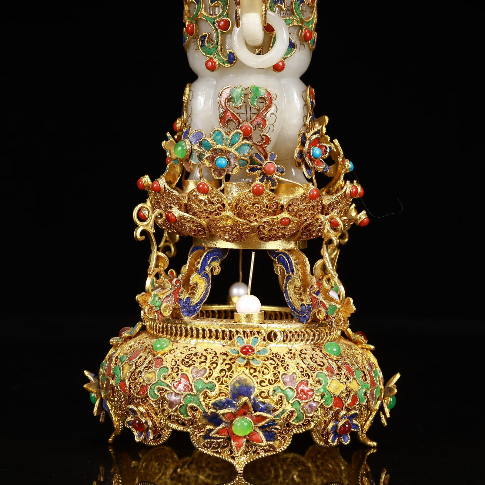 An Exquisite Filigree and Gilding Inlaid White Jade Double-Ears Bottle,Inlaid Gems - 7