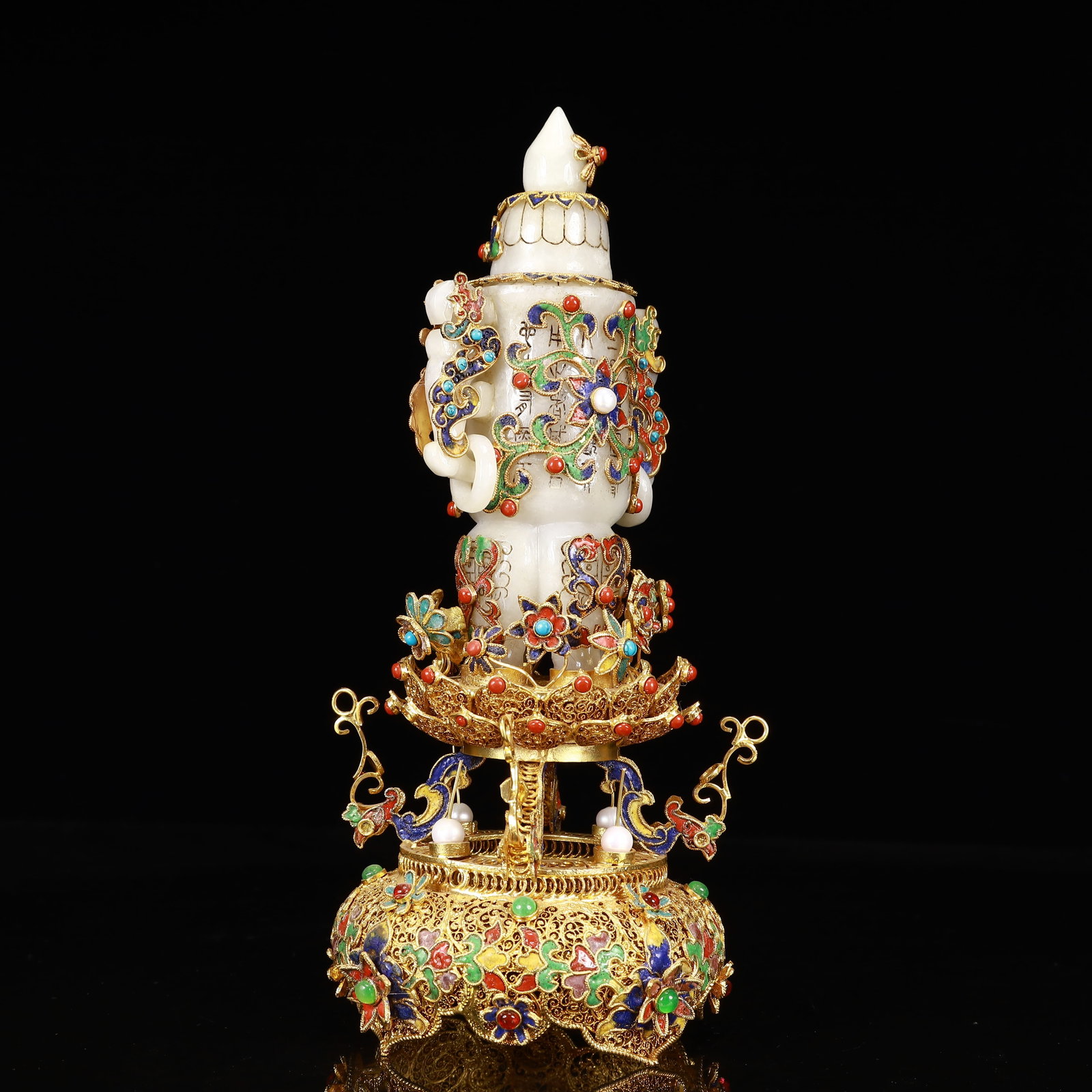 An Exquisite Filigree and Gilding Inlaid White Jade Double-Ears Bottle,Inlaid Gems - 8