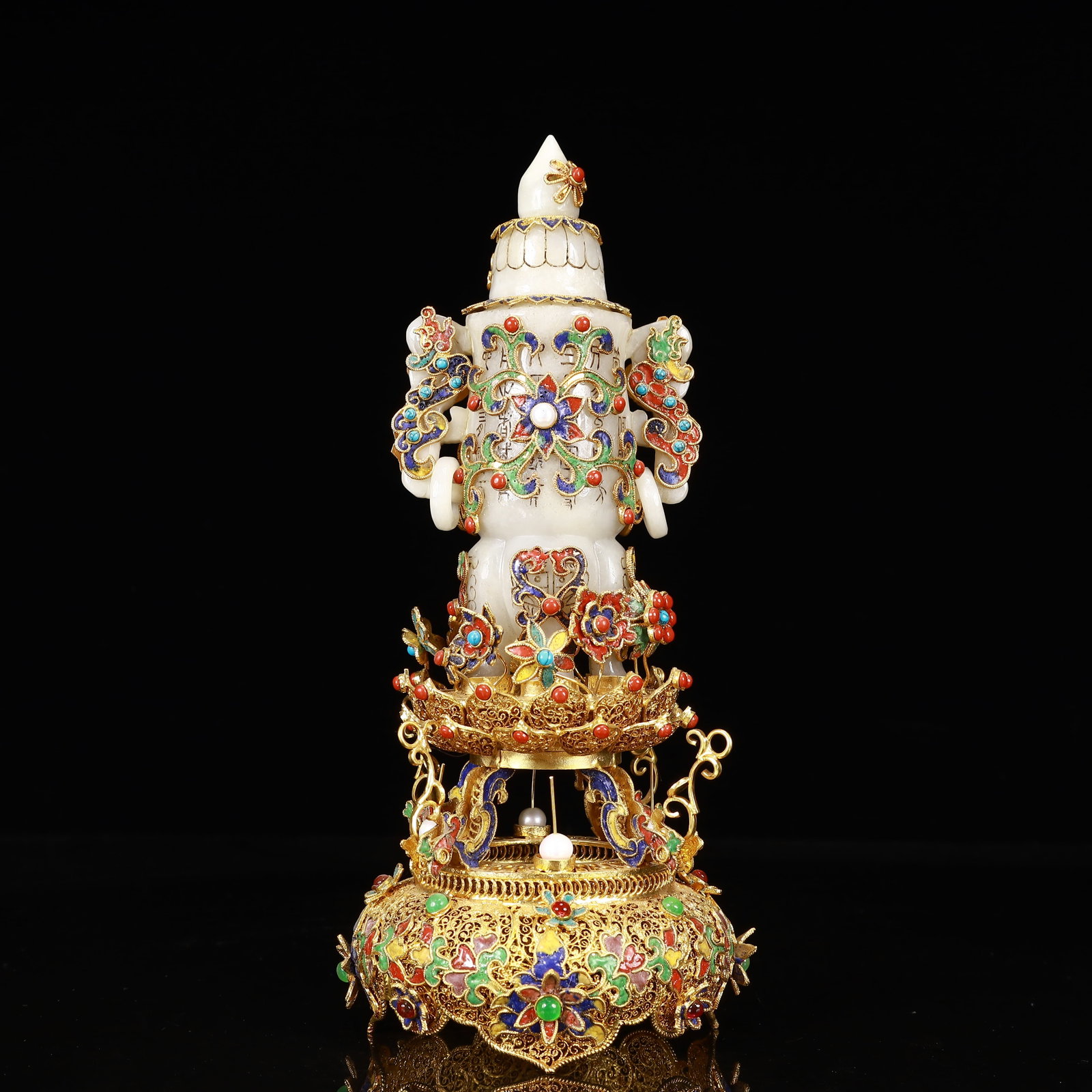 An Exquisite Filigree and Gilding Inlaid White Jade Double-Ears Bottle,Inlaid Gems - 9