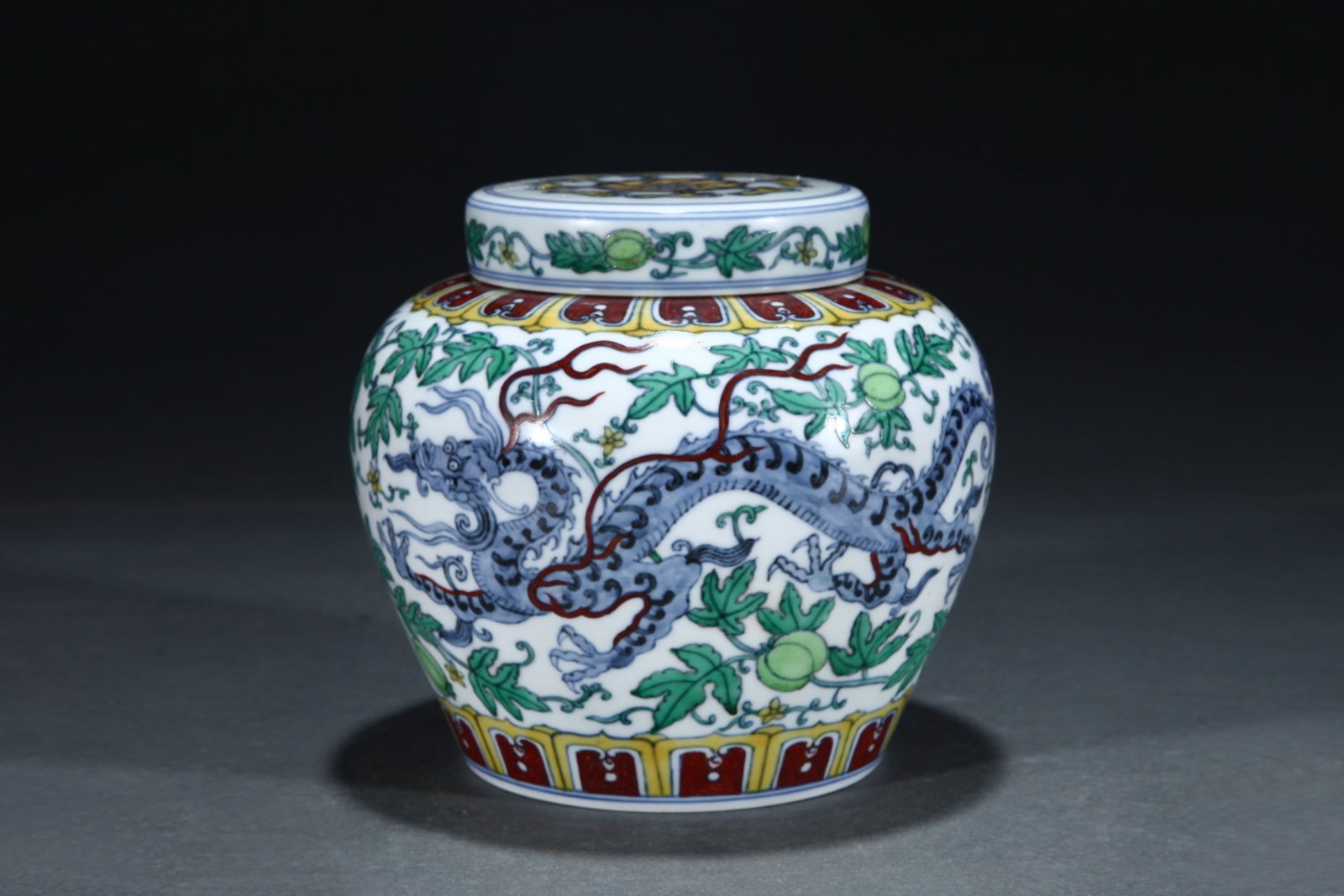 An Exquisite Doucai Pumpkin and Dragon Pattern Cover Jar,With Vertical Scroll Painting on Silk - 2