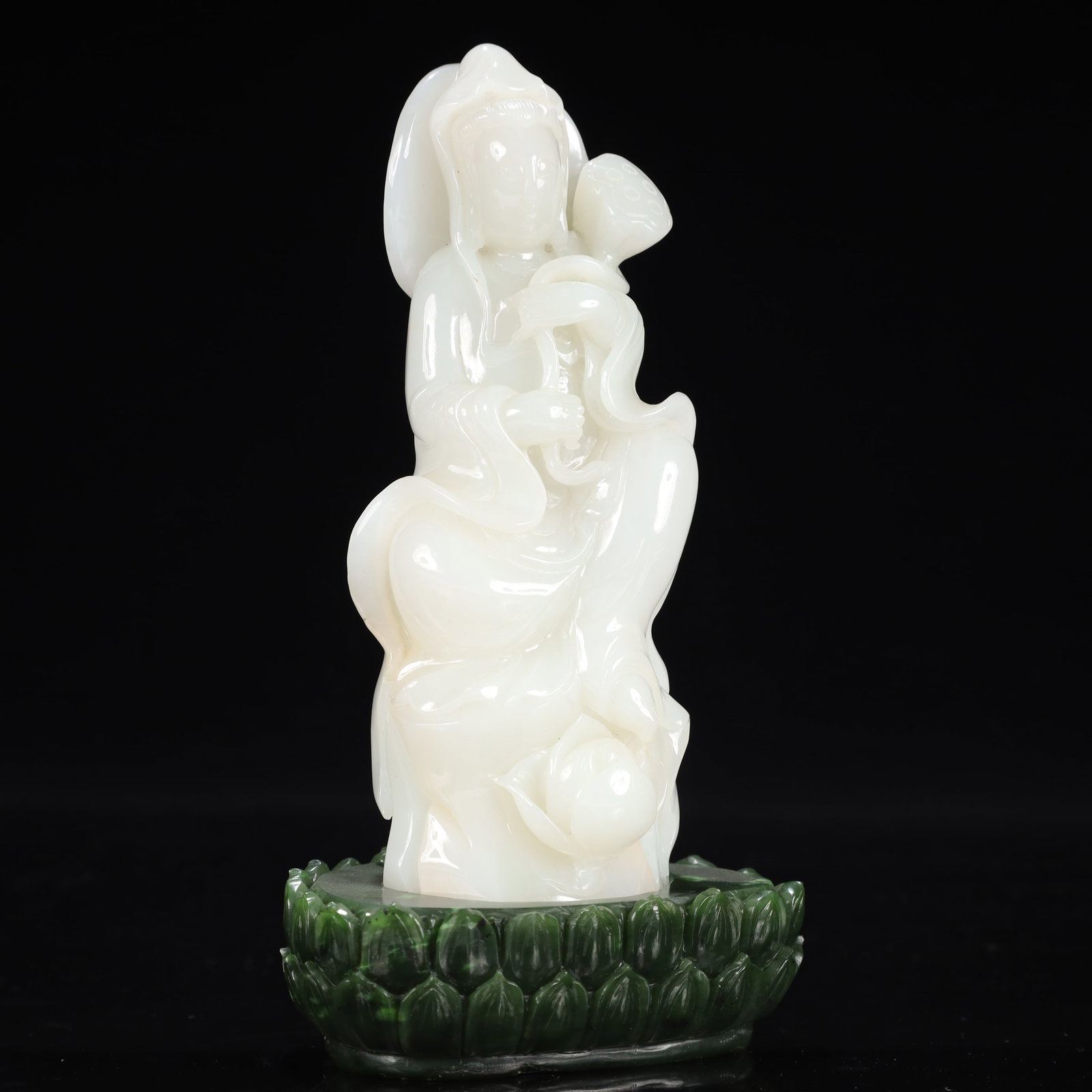 An Exquisite White Jade Statue of Avalokitesvara,With Jasper Base - 6