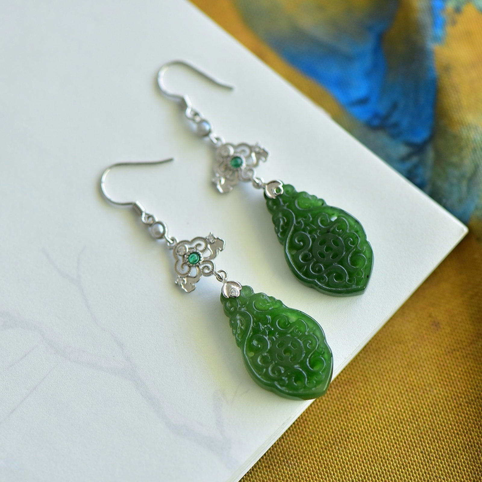 A Pair of Exquisite Sterling Silver Inlaid Jasper Earrings,Inlaid Pearls - 2