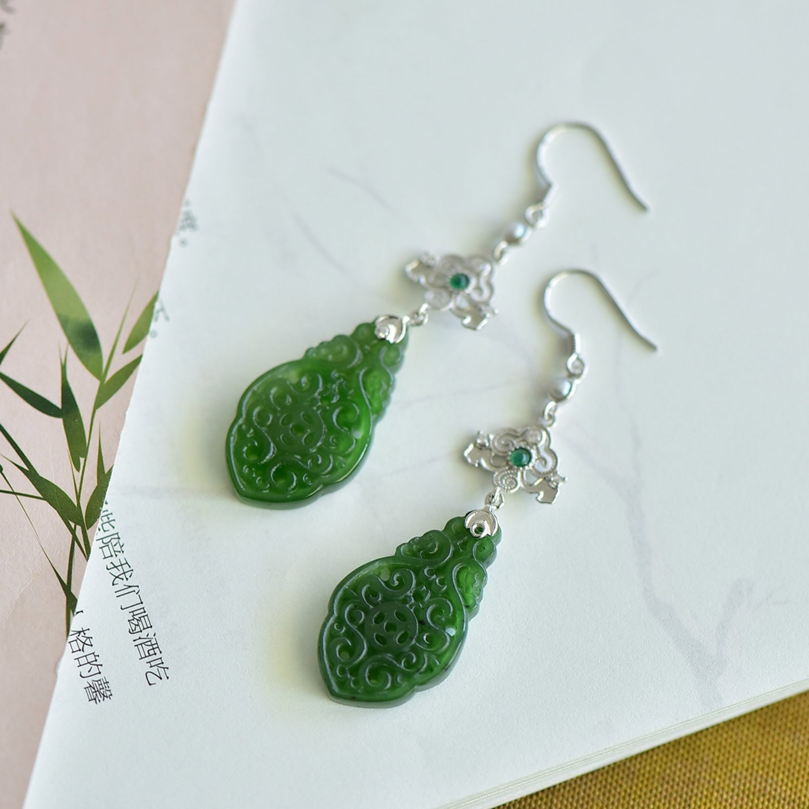 A Pair of Exquisite Sterling Silver Inlaid Jasper Earrings,Inlaid Pearls - 4