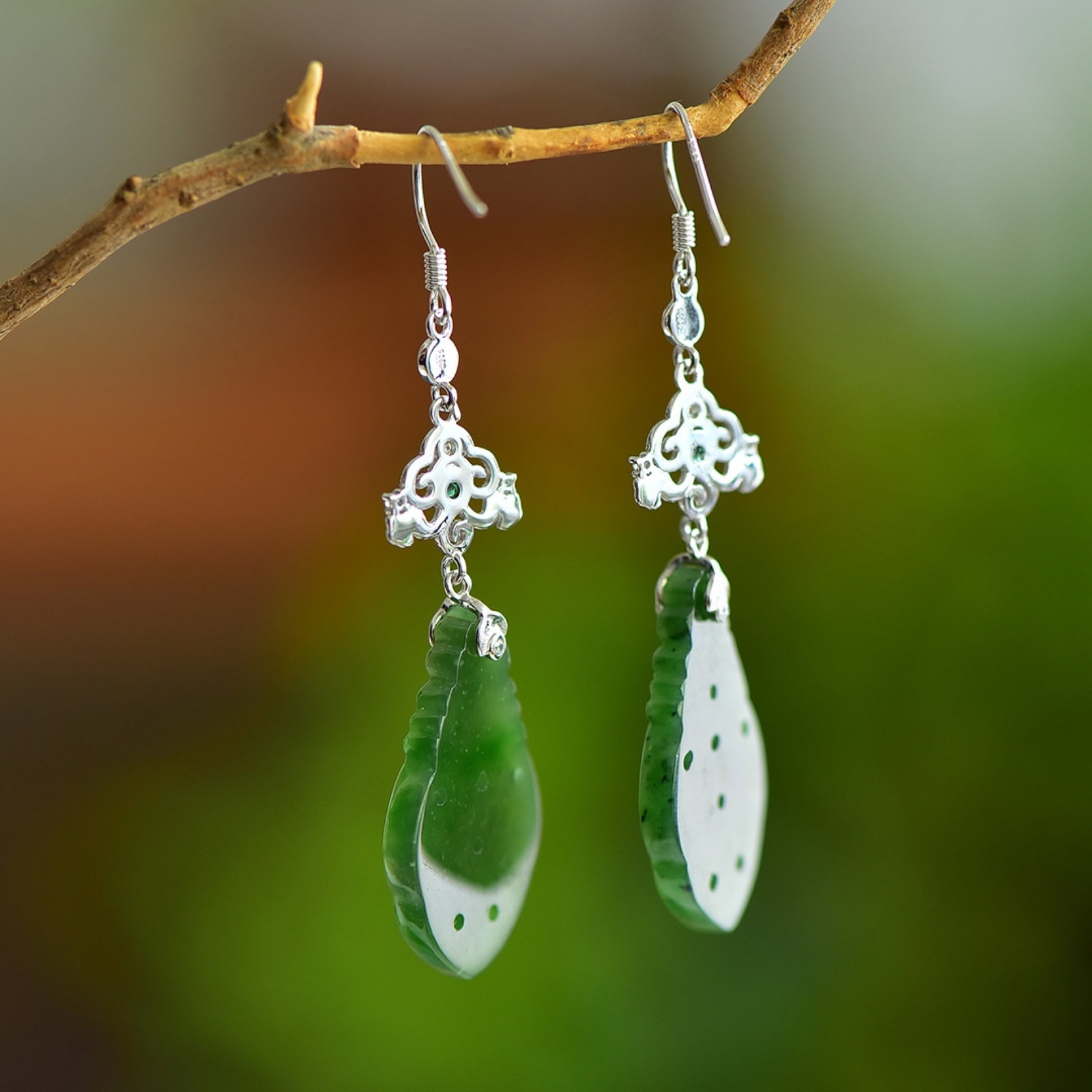 A Pair of Exquisite Sterling Silver Inlaid Jasper Earrings,Inlaid Pearls - 5