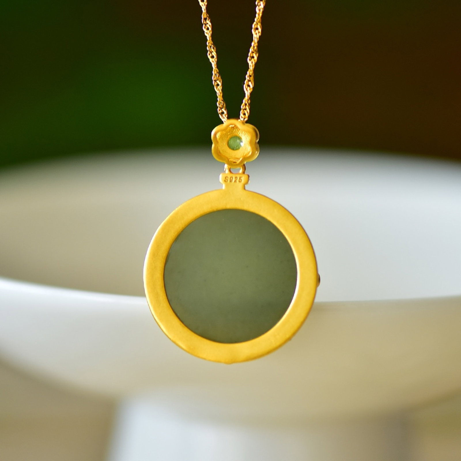 An Exquisite Sterling Silver-Gold Plated Inlaid Greenish Jade Pendant - 4