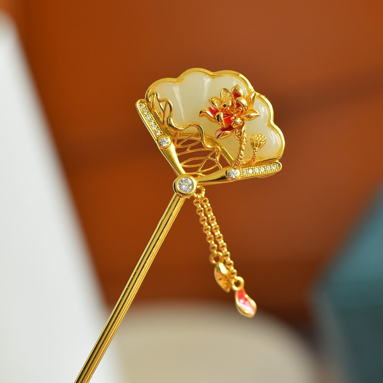 An Exquisite Sterling Silver-Gold Plated Inlaid White Jade Hairpin,Inlaid Diamonds - 2