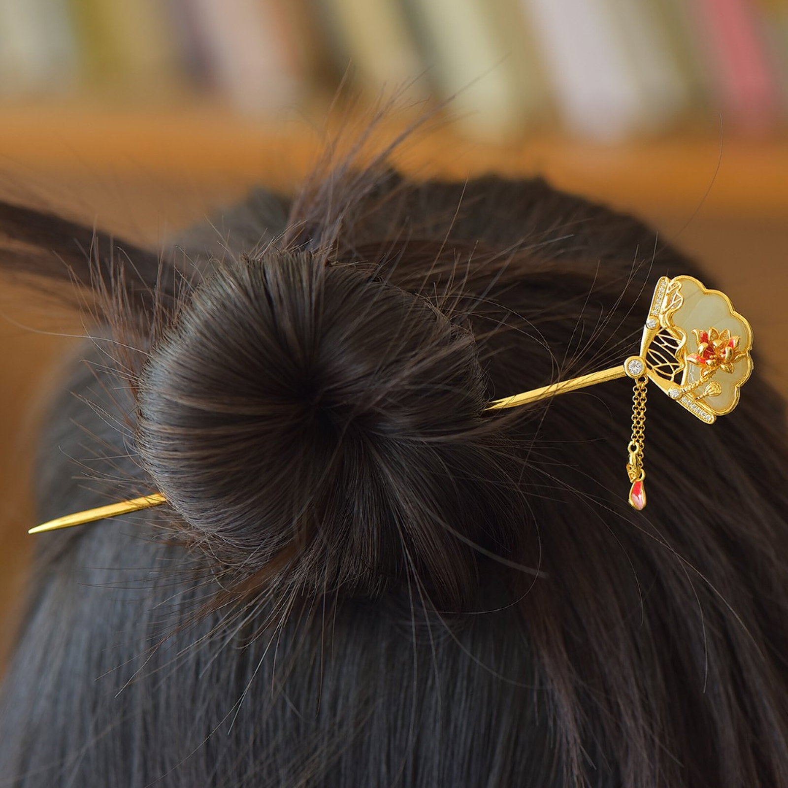 An Exquisite Sterling Silver-Gold Plated Inlaid White Jade Hairpin,Inlaid Diamonds - 3