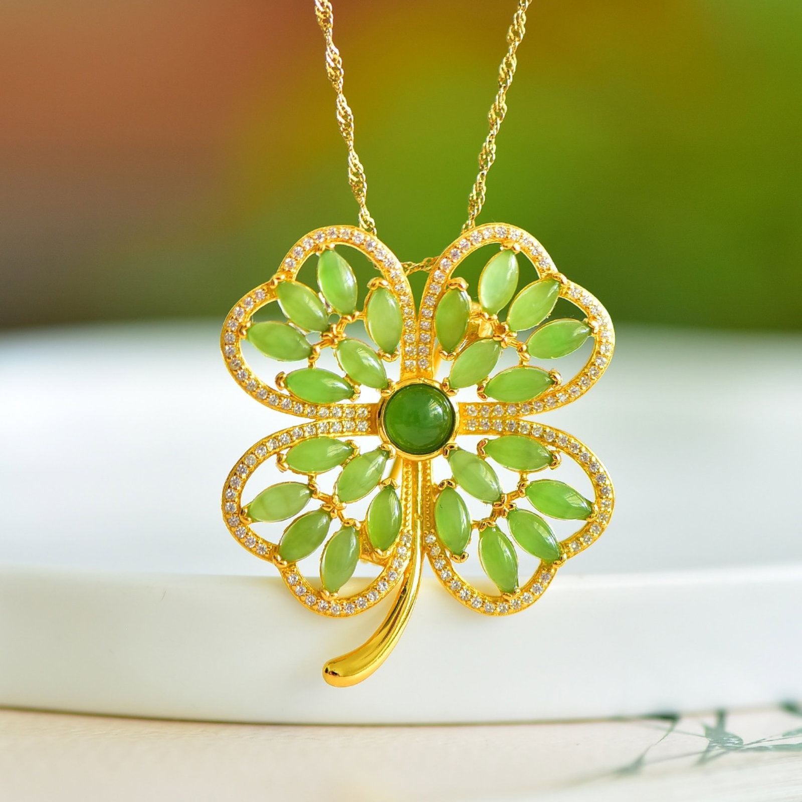 An Exquisite Sterling Silver-Gold Plated Inlaid Jasper Pendant,Inlaid Diamond - 2