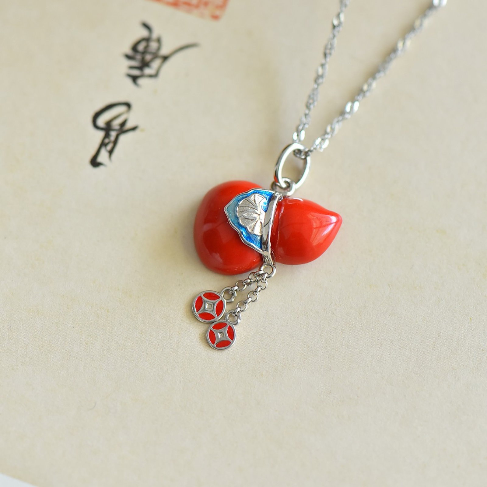 An Exquisite Sterling Silver Inlaid Cinnabar Gourd Pendant - 3