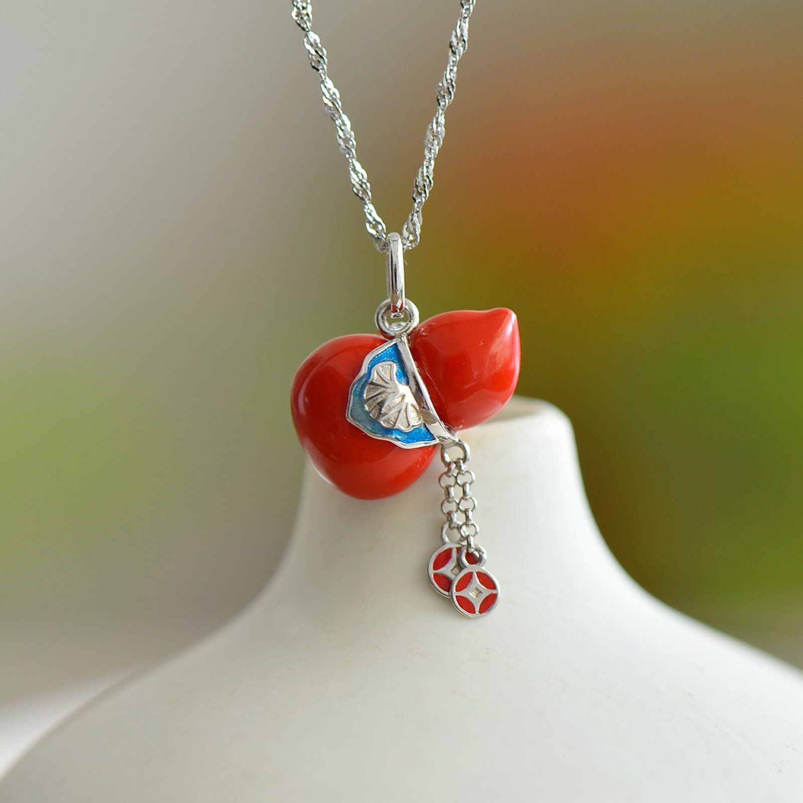 An Exquisite Sterling Silver Inlaid Cinnabar Gourd Pendant - 4