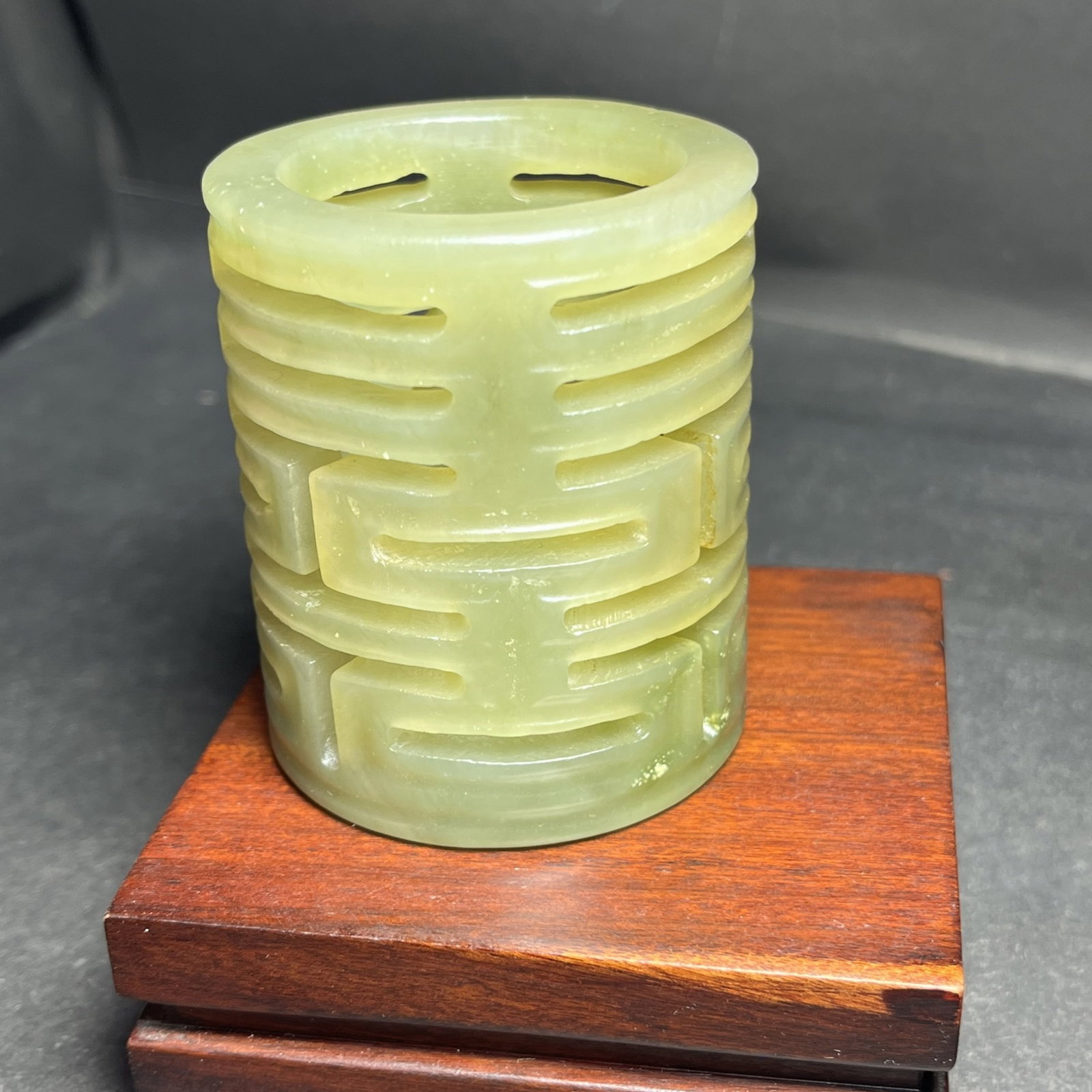 An Exquisite Yellow Jade Hollow Xi-Character Pattern Brush Pot: Estimated Value:800-1600 An Exquisite Yellow Jade Hollow Xi-Character Pattern Brush Pot,Qing Dynasty,China,Size:52mmx62mm,Weight:154g