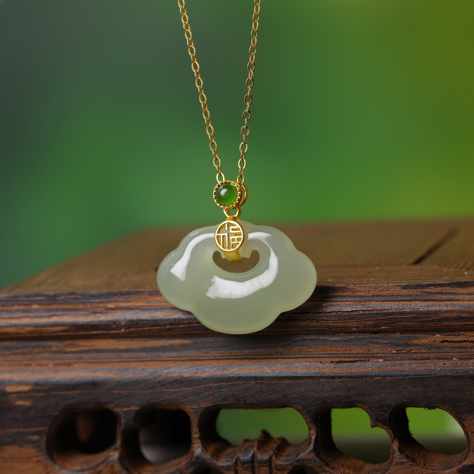 An Exquisite Sterling Silver-Gold Plated Inlaid Greenish Jade Pendant - 2