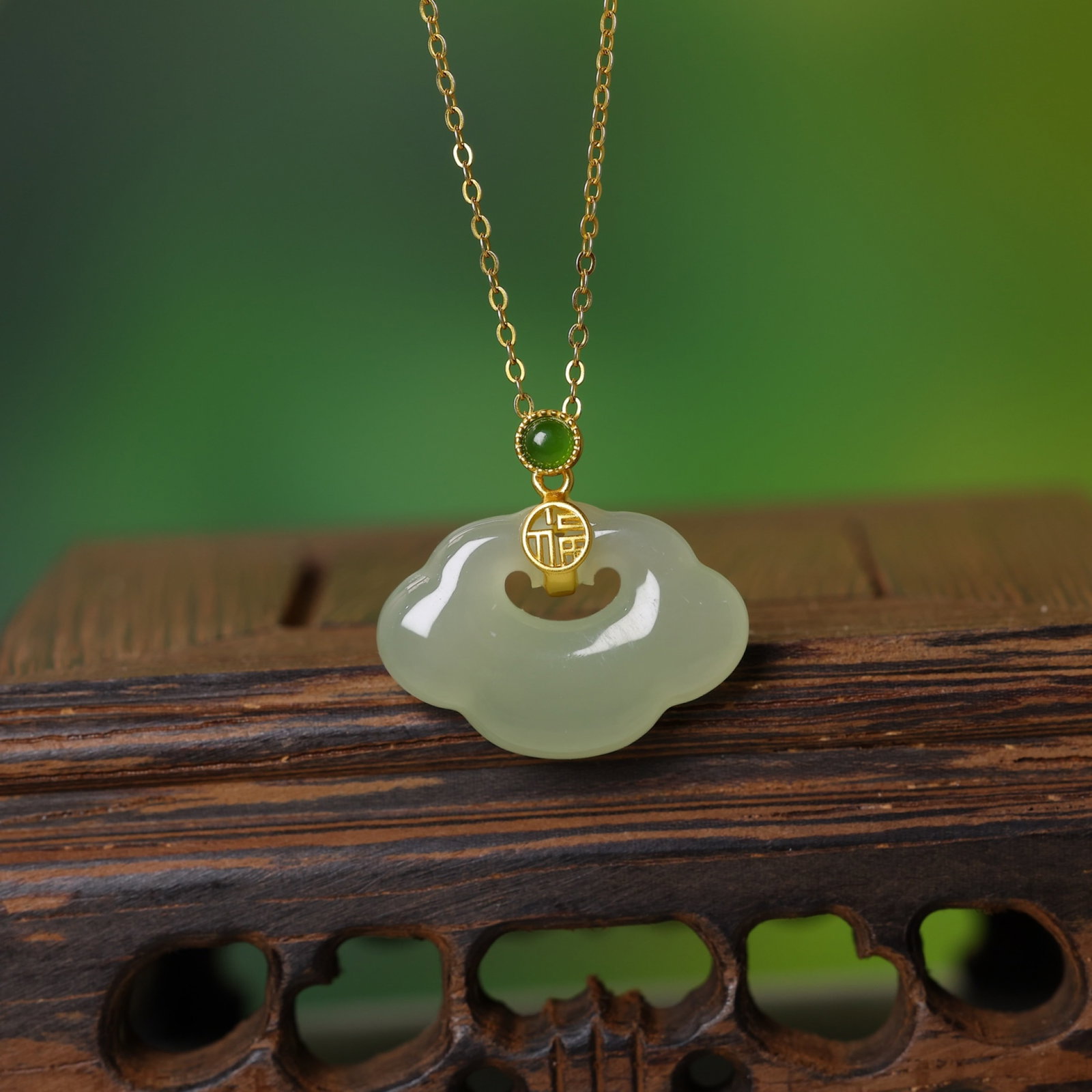 An Exquisite Sterling Silver-Gold Plated Inlaid Greenish Jade Pendant - 3