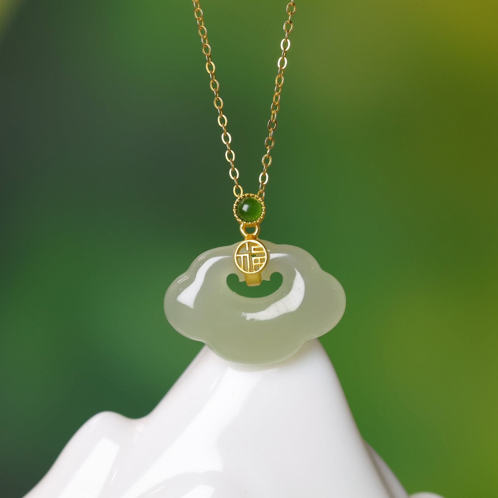 An Exquisite Sterling Silver-Gold Plated Inlaid Greenish Jade Pendant - 4