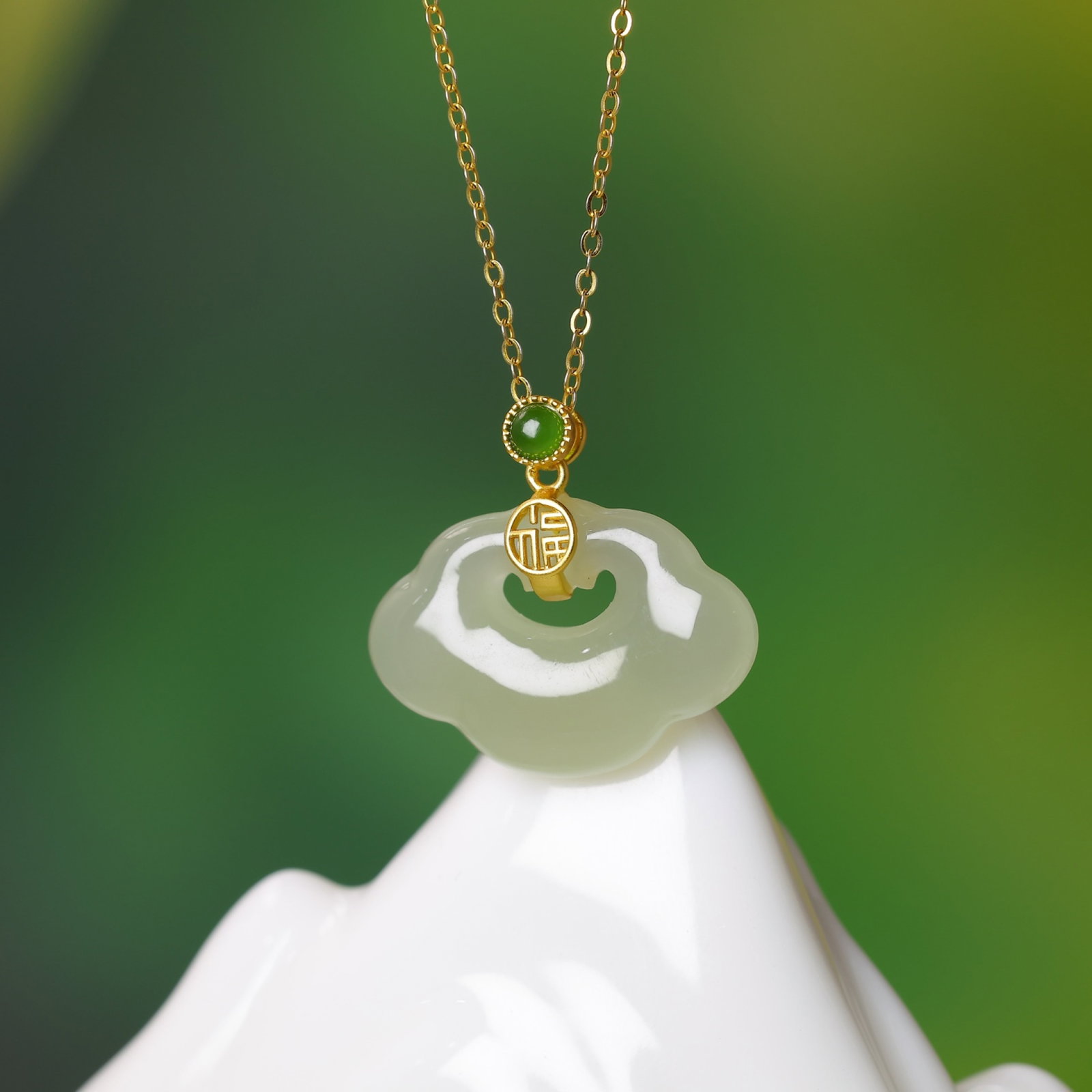 An Exquisite Sterling Silver-Gold Plated Inlaid Greenish Jade Pendant - 5
