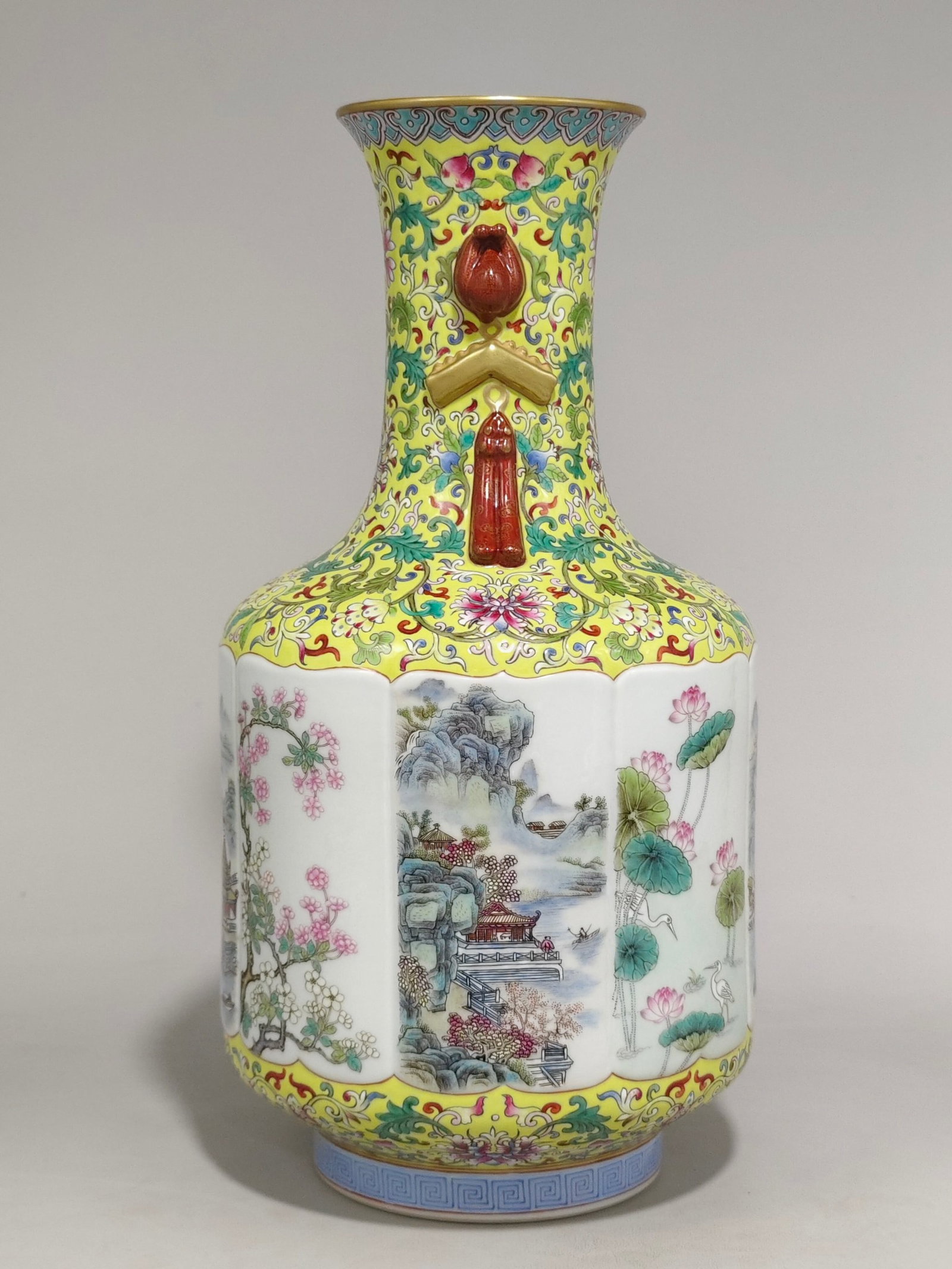 A Rare Famille-Rose Yellow Ground Painted Gold Flower and Landscape Pattern Double-Ears Vase - 2