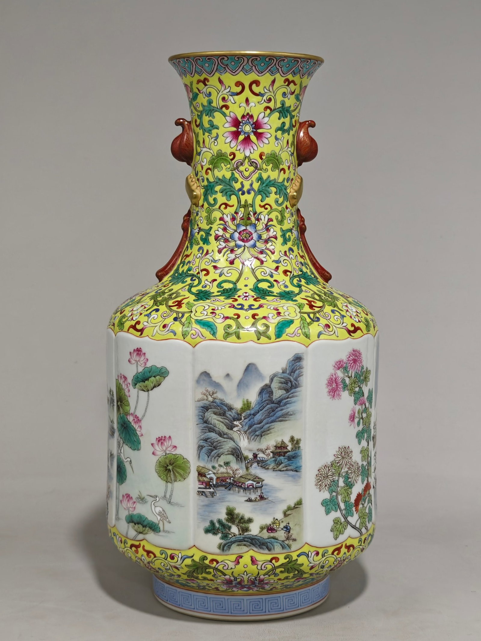A Rare Famille-Rose Yellow Ground Painted Gold Flower and Landscape Pattern Double-Ears Vase - 3