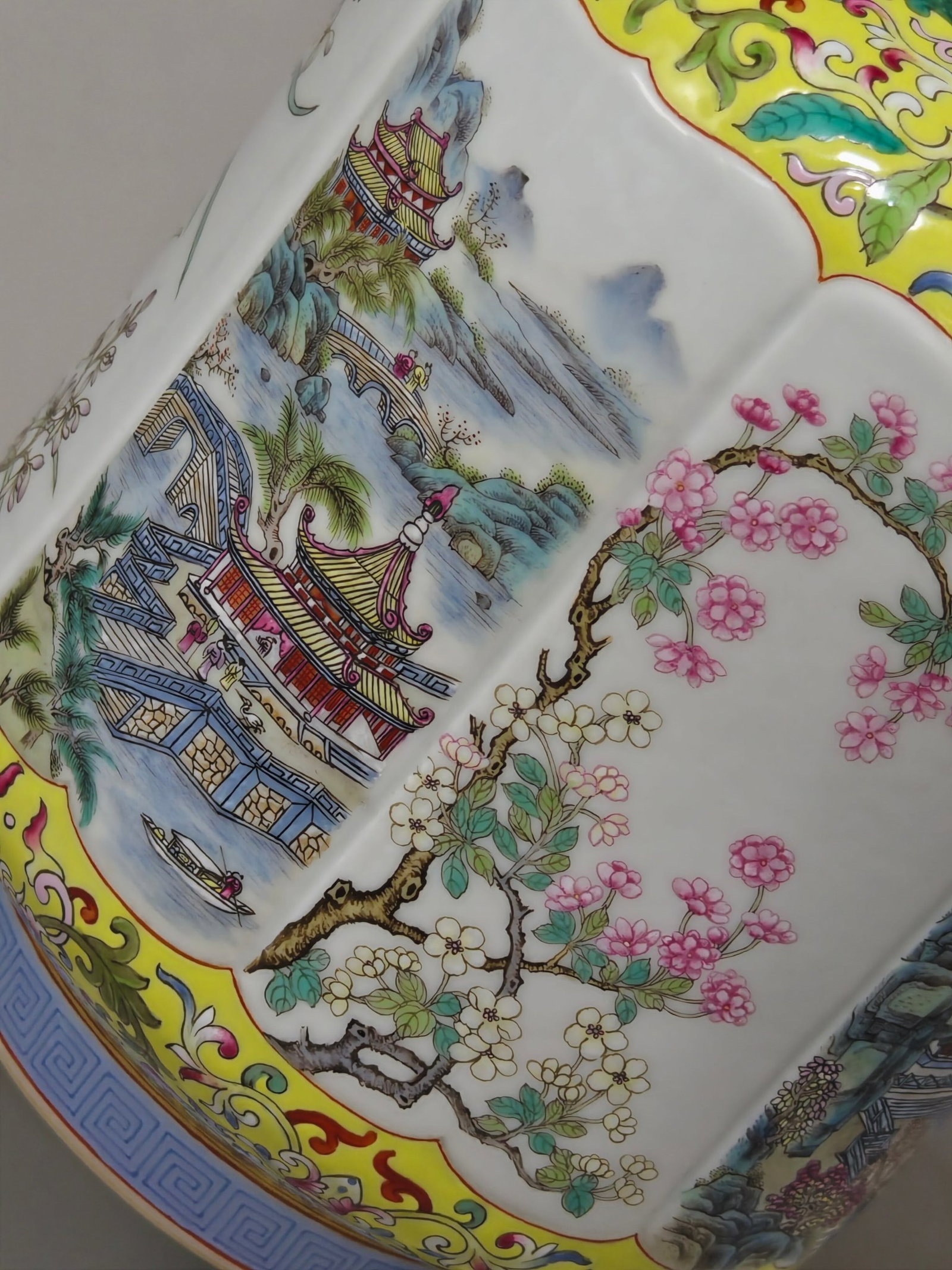 A Rare Famille-Rose Yellow Ground Painted Gold Flower and Landscape Pattern Double-Ears Vase - 4