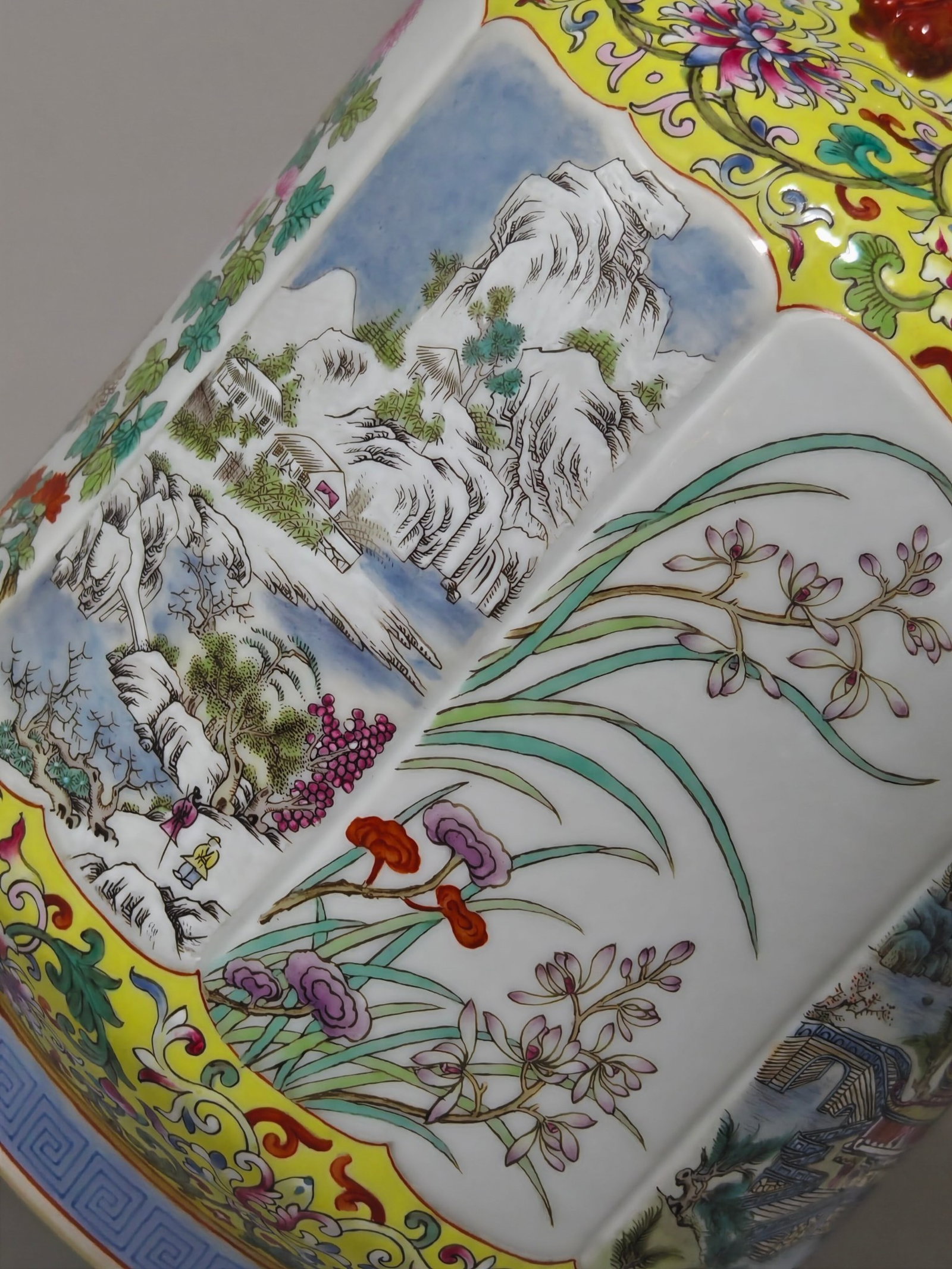 A Rare Famille-Rose Yellow Ground Painted Gold Flower and Landscape Pattern Double-Ears Vase - 5
