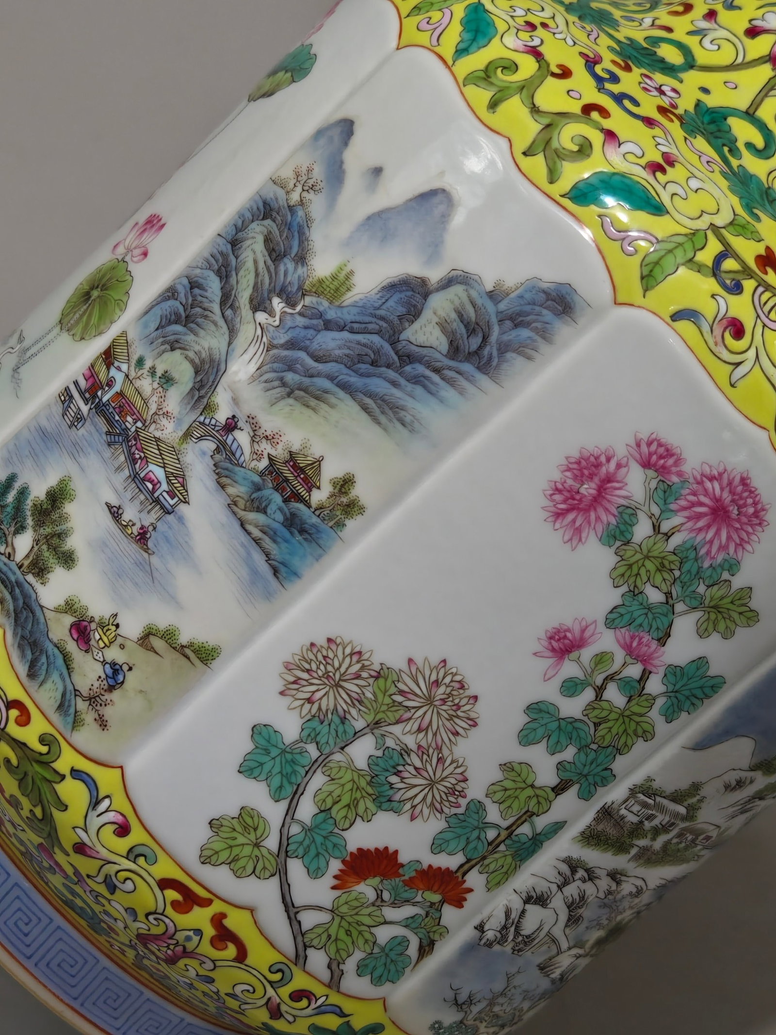 A Rare Famille-Rose Yellow Ground Painted Gold Flower and Landscape Pattern Double-Ears Vase - 6