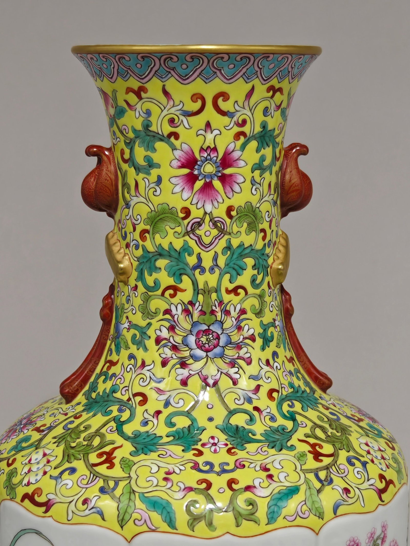 A Rare Famille-Rose Yellow Ground Painted Gold Flower and Landscape Pattern Double-Ears Vase - 7