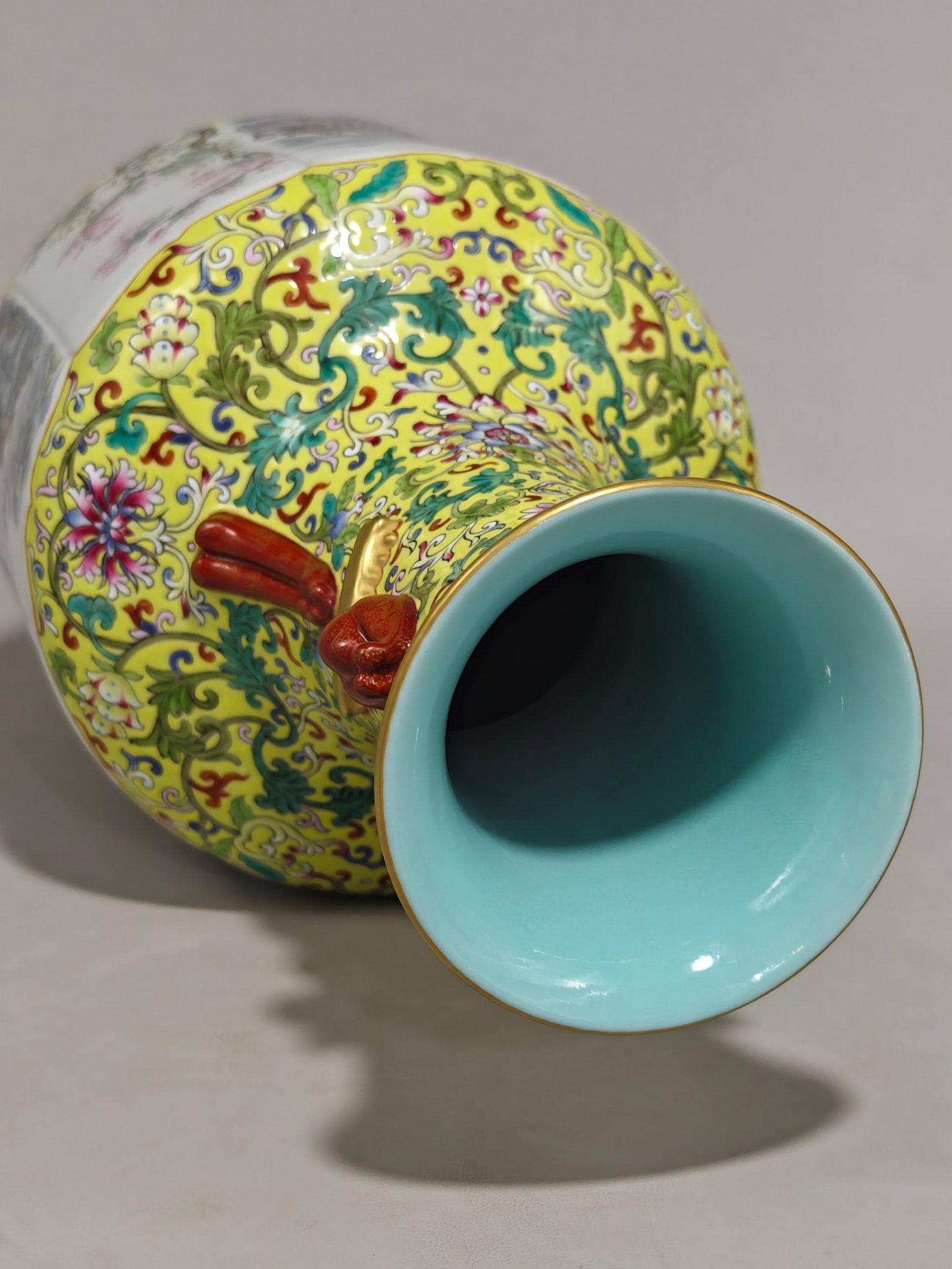 A Rare Famille-Rose Yellow Ground Painted Gold Flower and Landscape Pattern Double-Ears Vase - 8