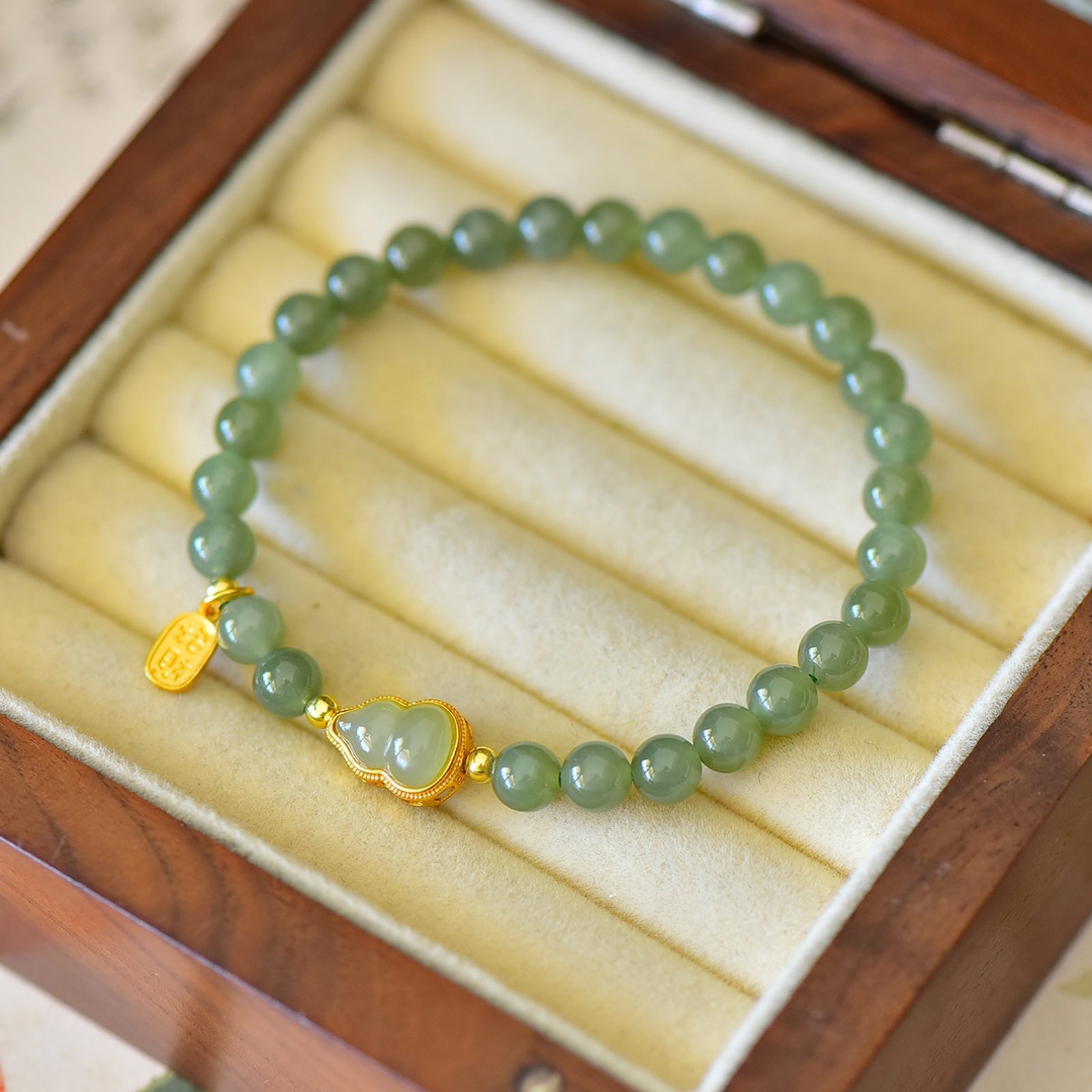 An Exquisite Sterling Silver-Gold Plated Inlaid Greenish Jade Bracelets - 2