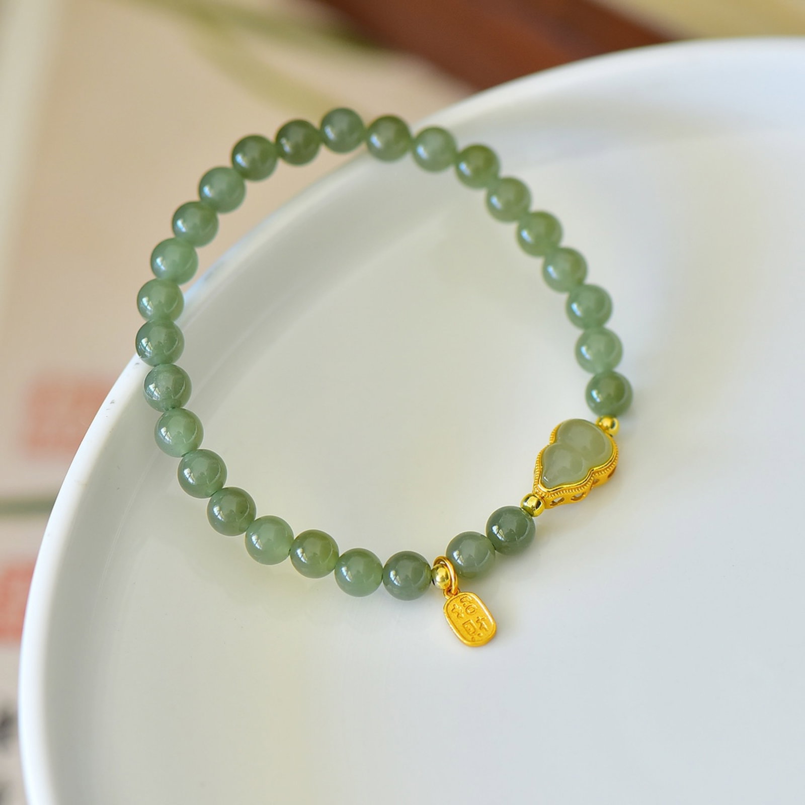 An Exquisite Sterling Silver-Gold Plated Inlaid Greenish Jade Bracelets - 5