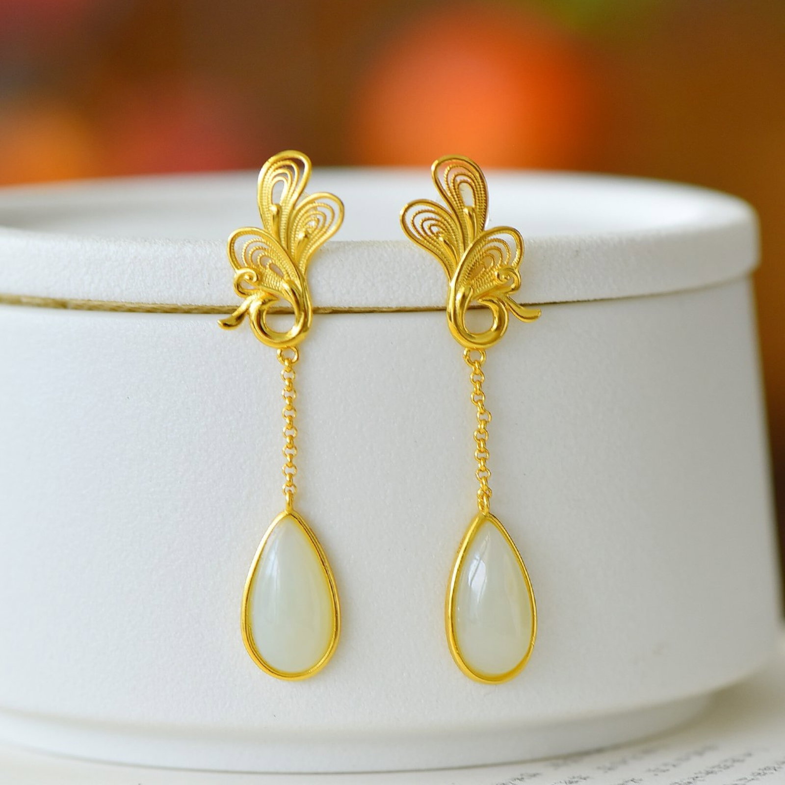 A Pair of Exquisite Sterling Silver-Gold Plated Inlaid White Jade Earrings - 2