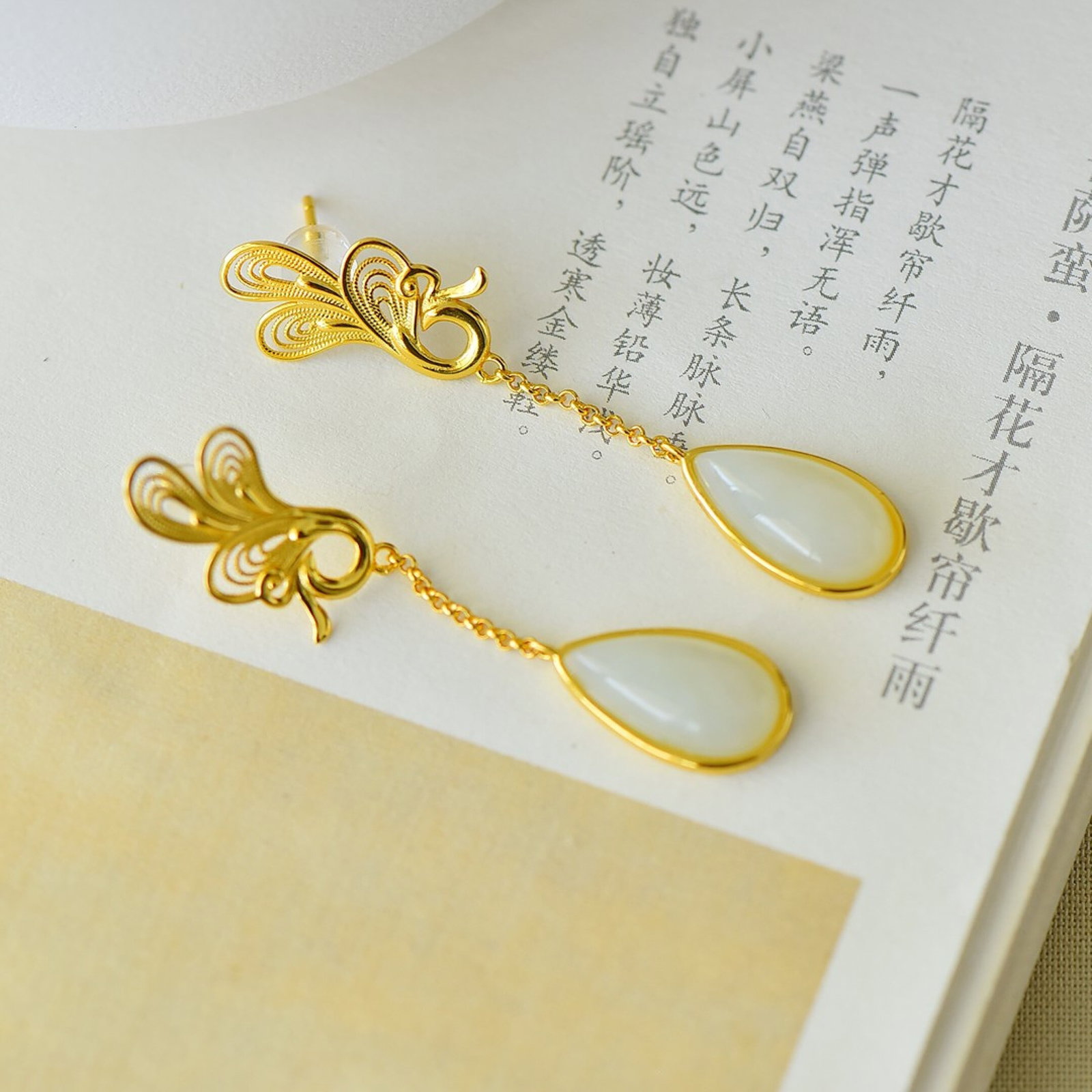 A Pair of Exquisite Sterling Silver-Gold Plated Inlaid White Jade Earrings - 3