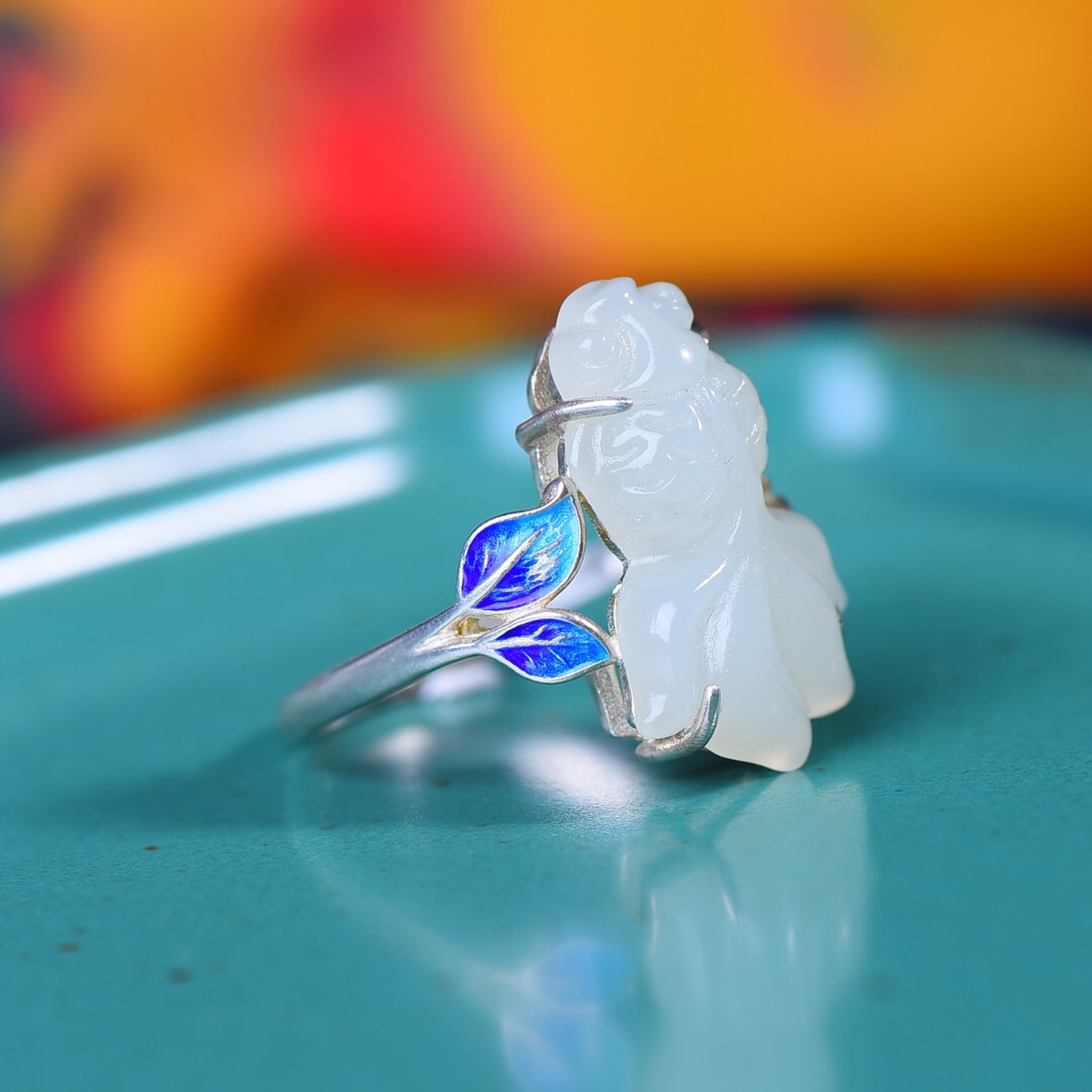 An Exquisite Sterling Silver Inlaid White Jade Enamel Ring - 2