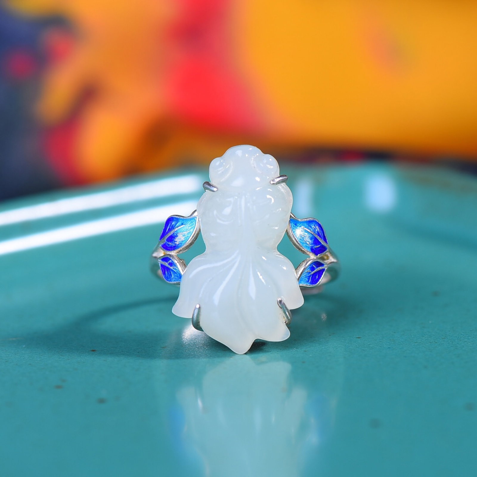 An Exquisite Sterling Silver Inlaid White Jade Enamel Ring - 3