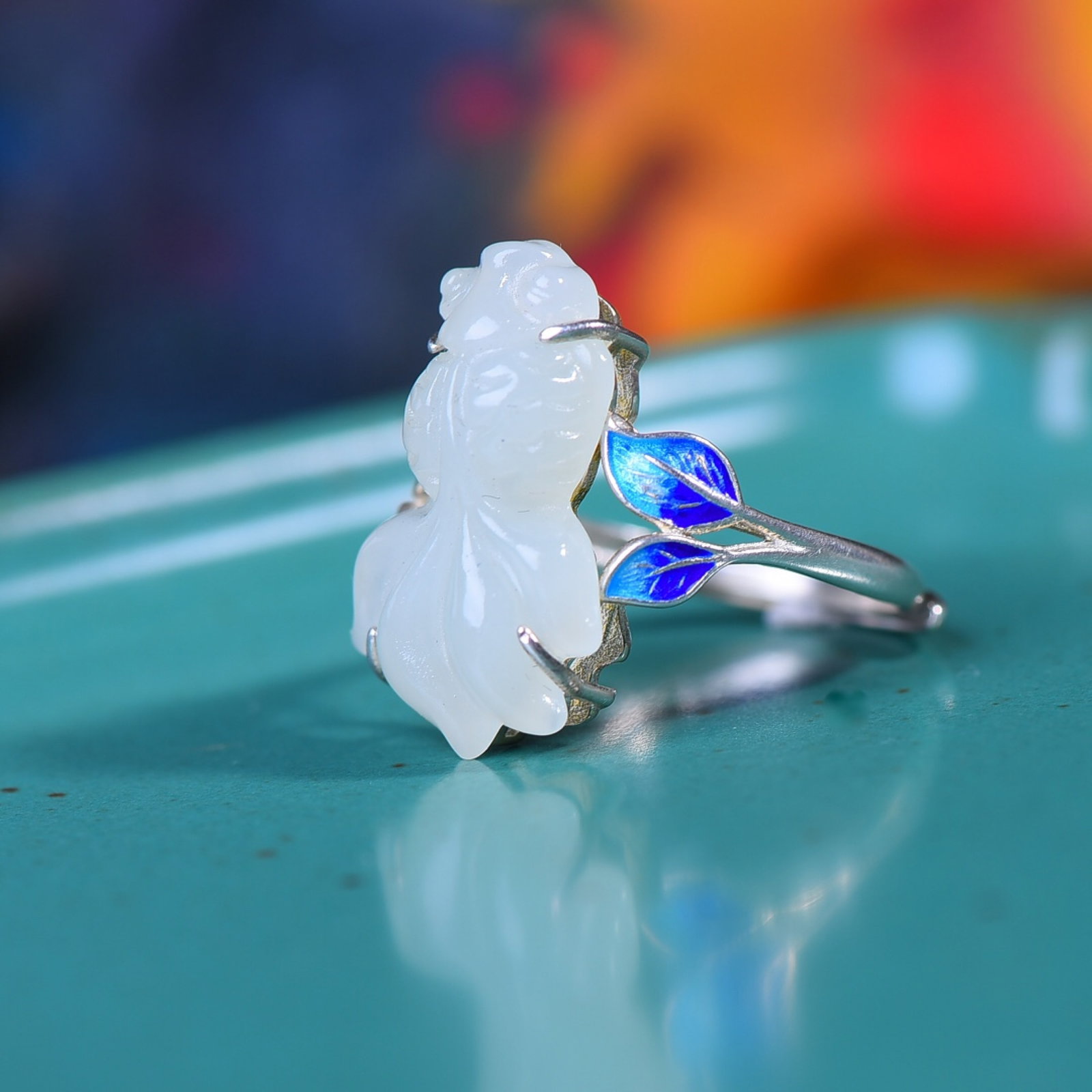 An Exquisite Sterling Silver Inlaid White Jade Enamel Ring - 4
