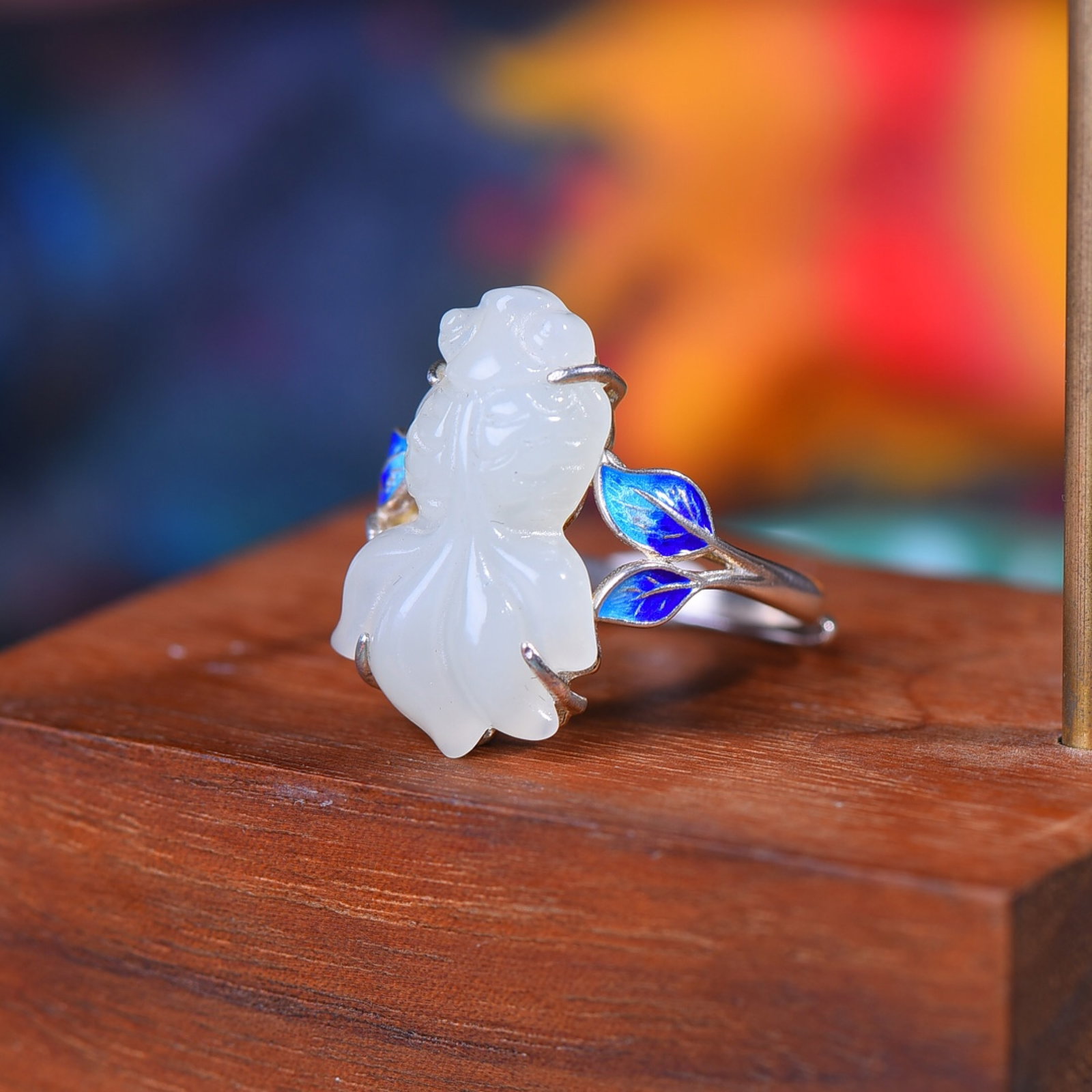 An Exquisite Sterling Silver Inlaid White Jade Enamel Ring - 5