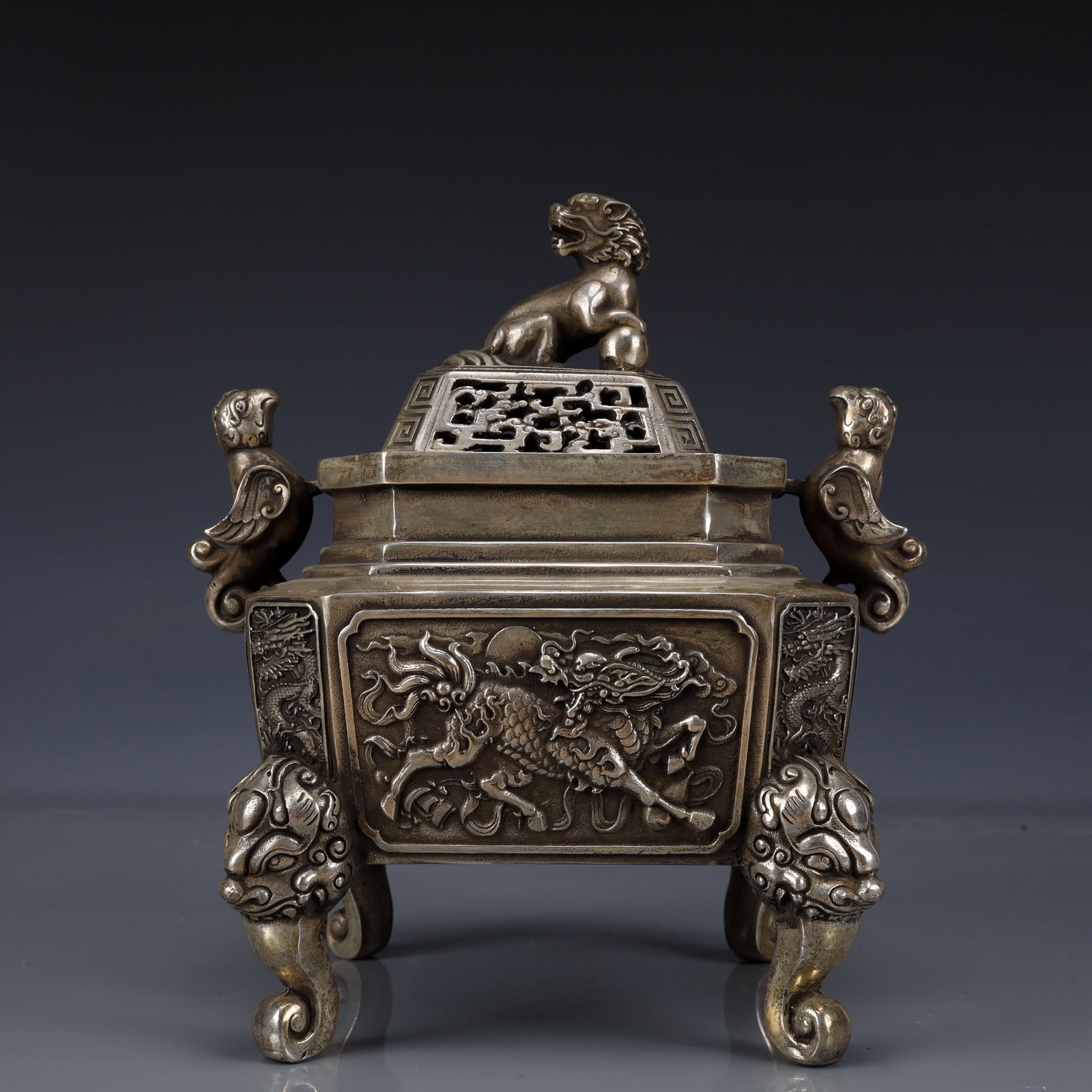 An Exquisite Silver-Plated Bronze Kylin Pattern Double-Ears Four legs Censer (1 of 11)