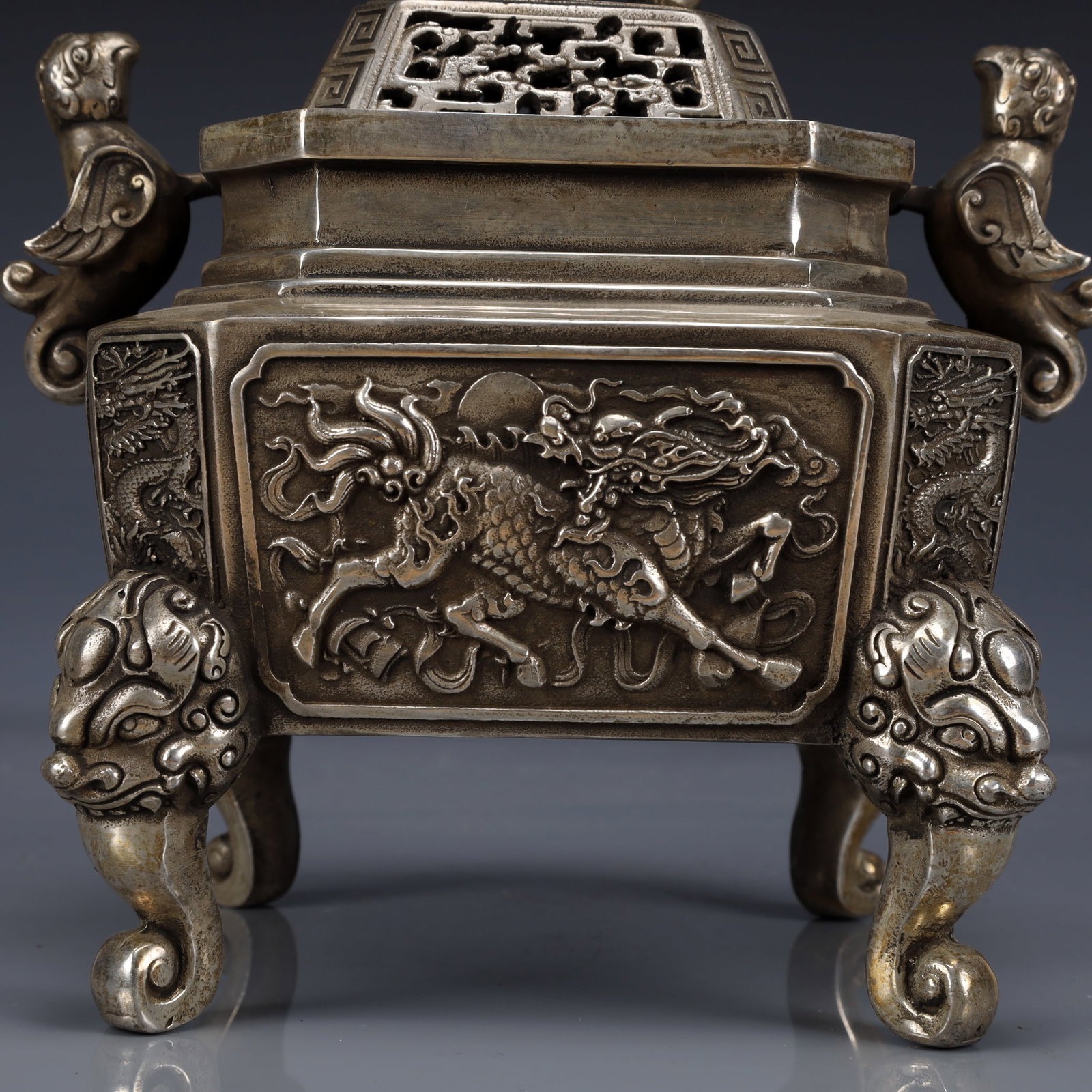 An Exquisite Silver-Plated Bronze Kylin Pattern Double-Ears Four legs Censer - 3