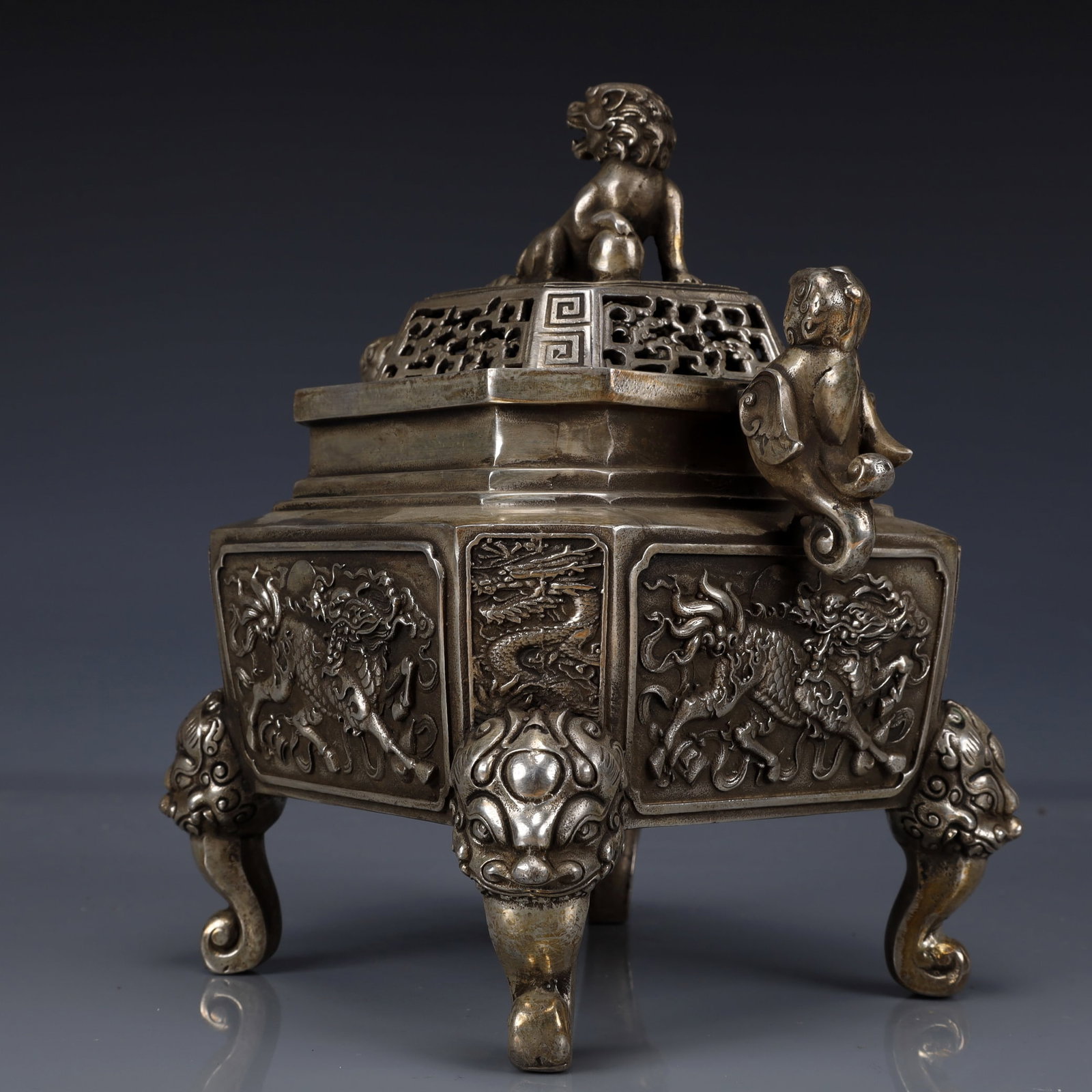 An Exquisite Silver-Plated Bronze Kylin Pattern Double-Ears Four legs Censer - 4