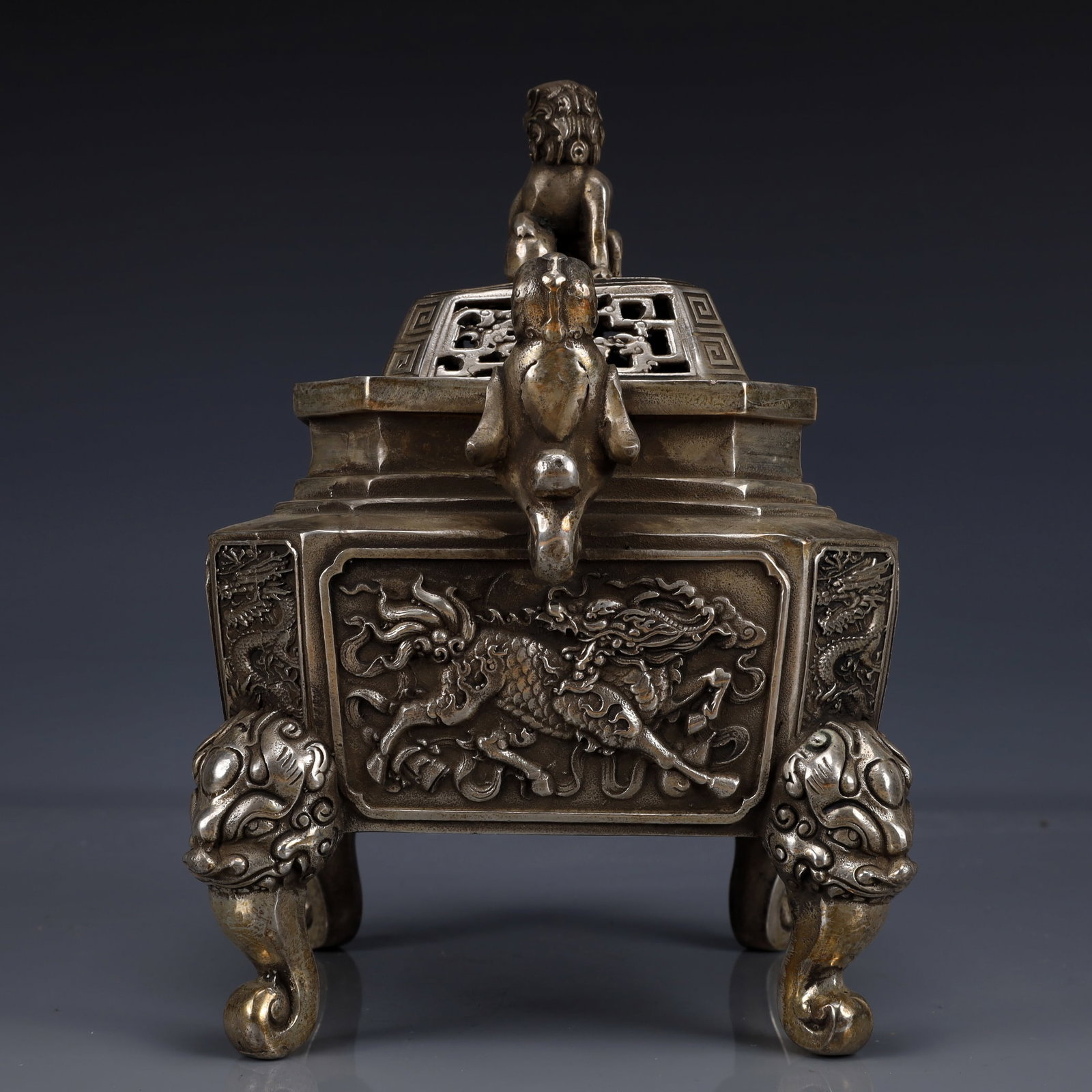 An Exquisite Silver-Plated Bronze Kylin Pattern Double-Ears Four legs Censer - 5