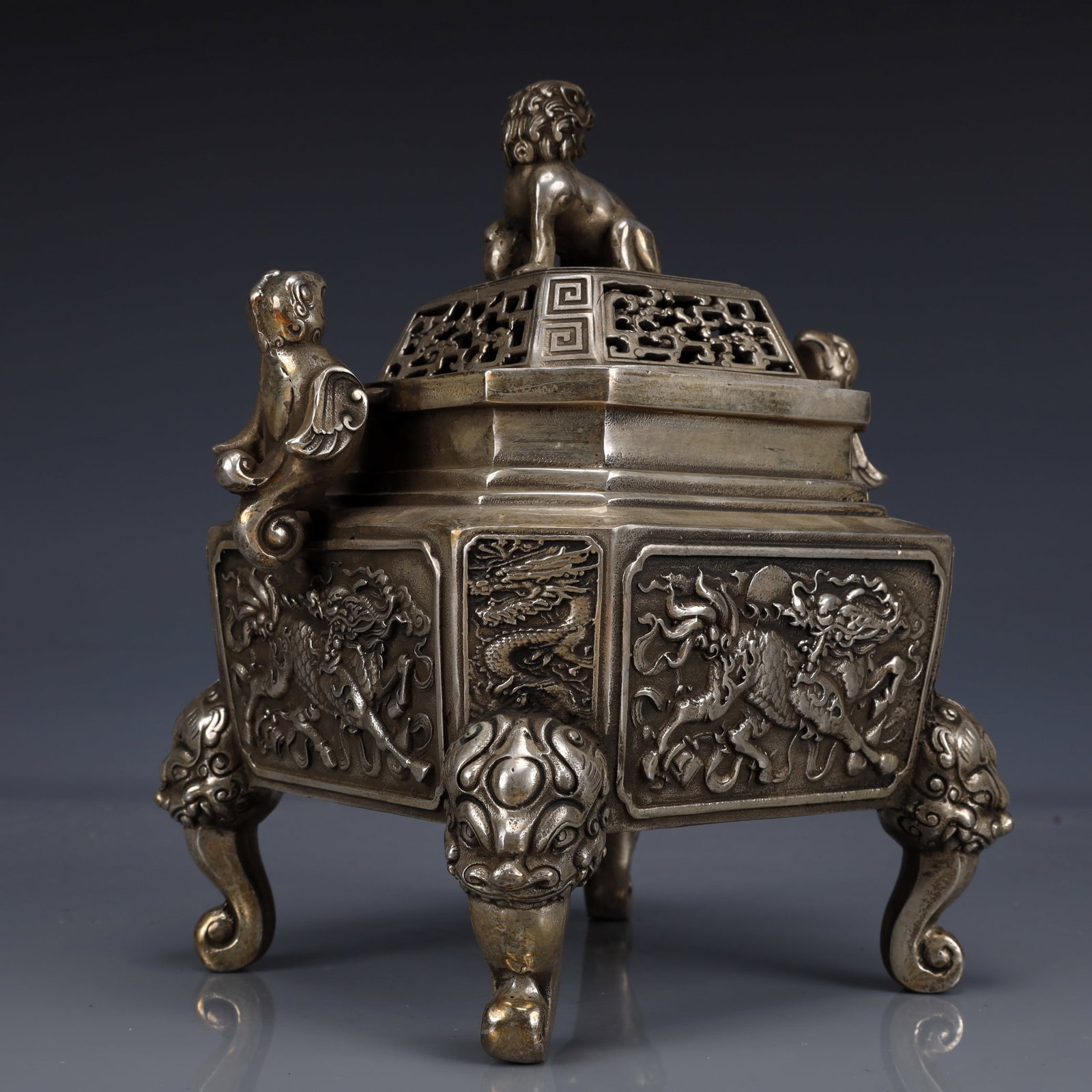 An Exquisite Silver-Plated Bronze Kylin Pattern Double-Ears Four legs Censer - 6