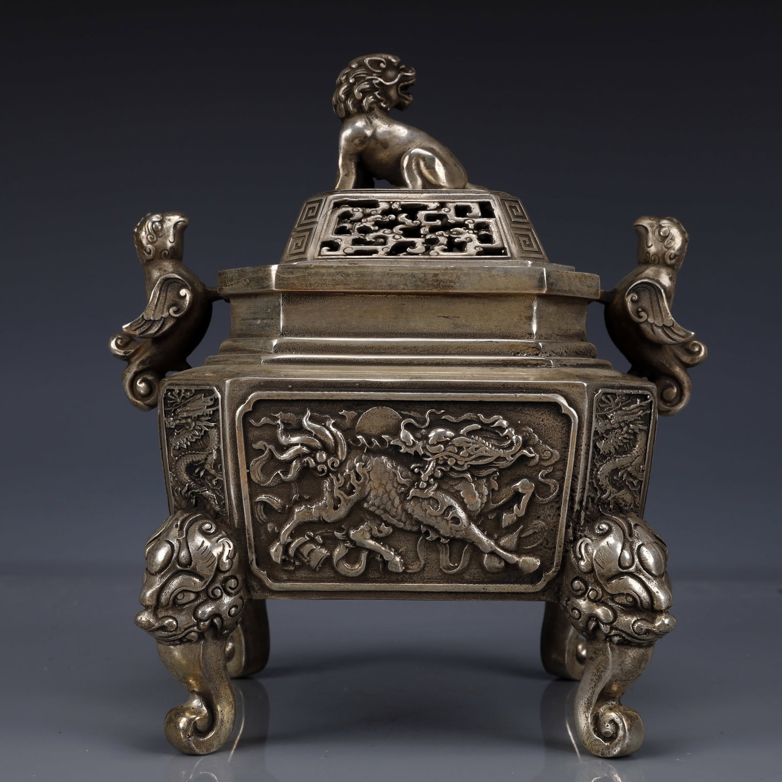 An Exquisite Silver-Plated Bronze Kylin Pattern Double-Ears Four legs Censer - 7