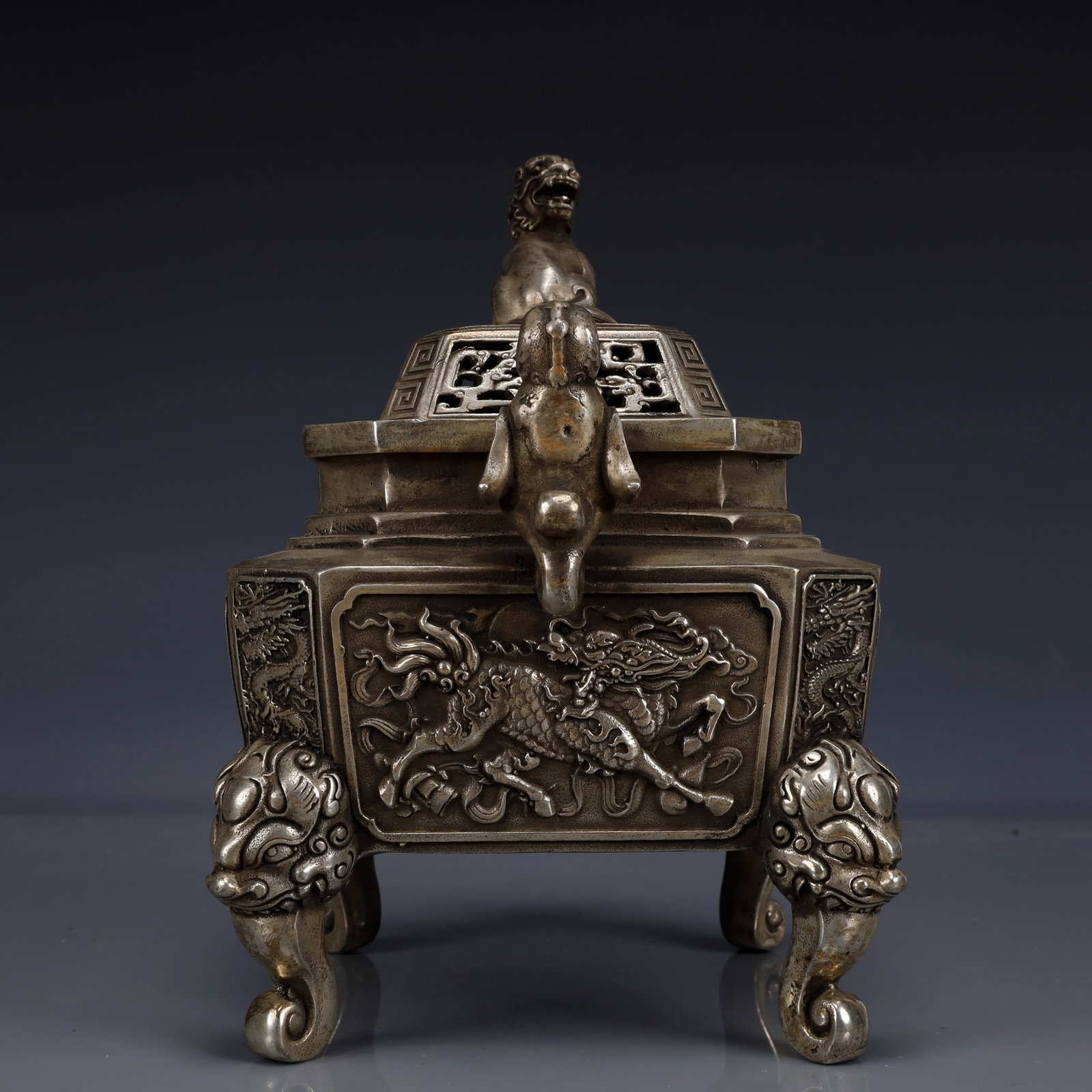 An Exquisite Silver-Plated Bronze Kylin Pattern Double-Ears Four legs Censer - 8