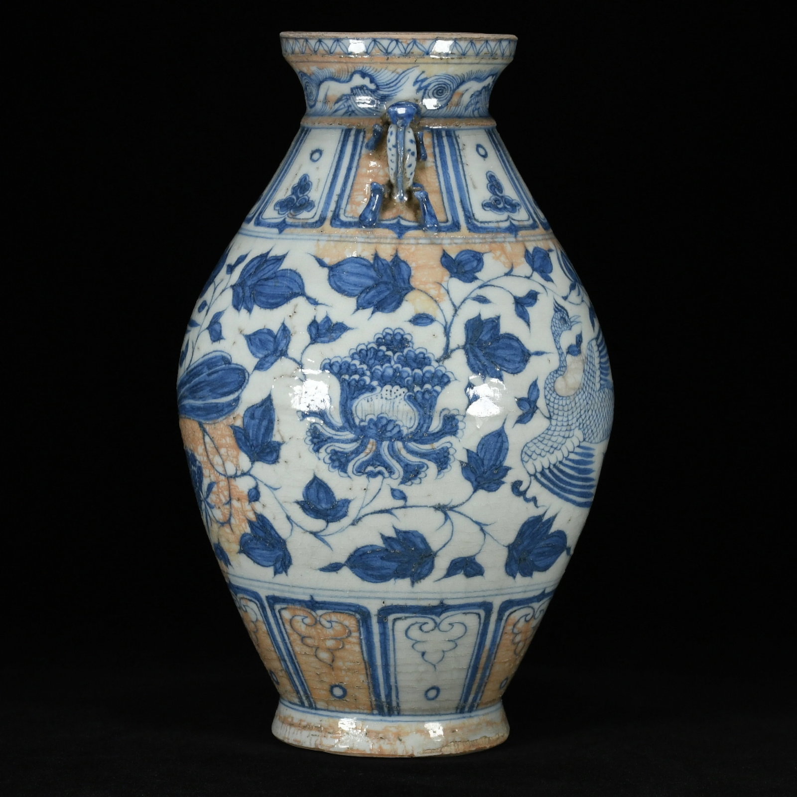 A Rare Blue and White Lotus and Phoenix Pattern Beast-Ears Vase - 2