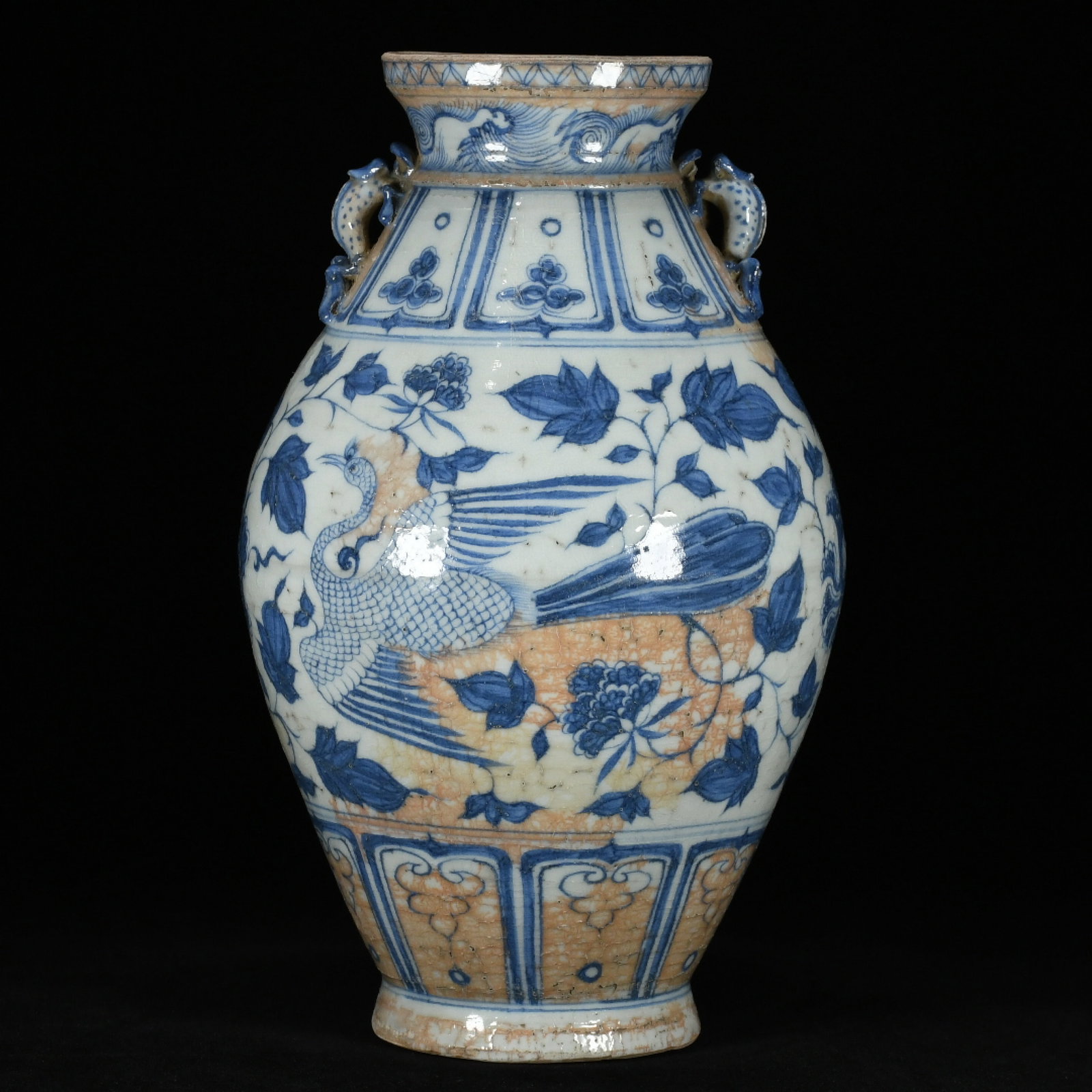 A Rare Blue and White Lotus and Phoenix Pattern Beast-Ears Vase - 3
