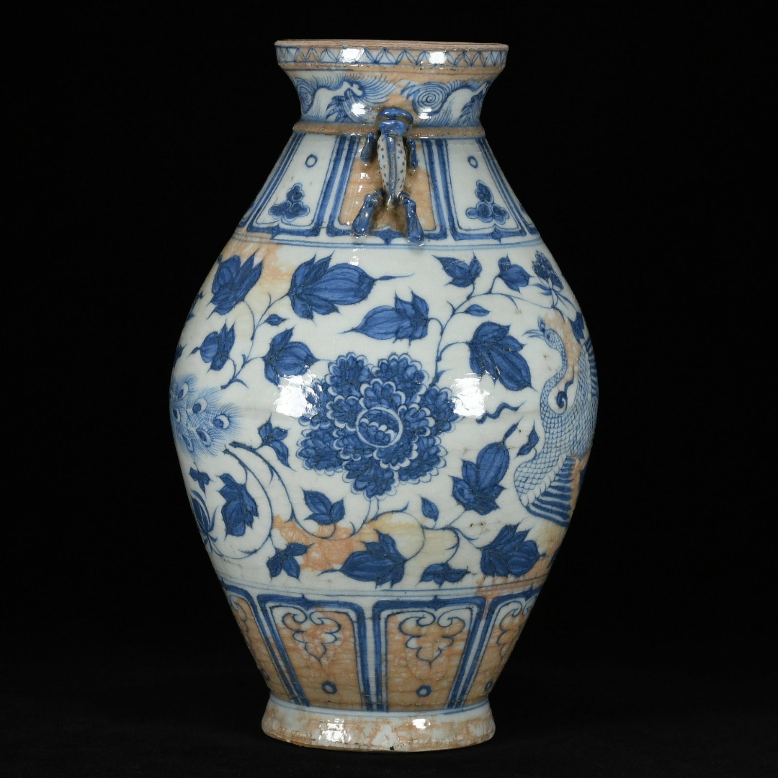 A Rare Blue and White Lotus and Phoenix Pattern Beast-Ears Vase - 4