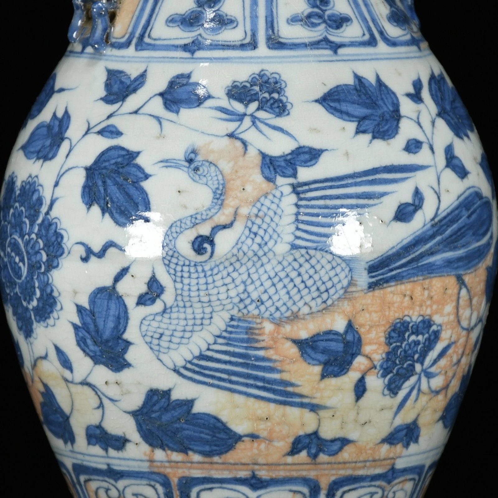 A Rare Blue and White Lotus and Phoenix Pattern Beast-Ears Vase - 6