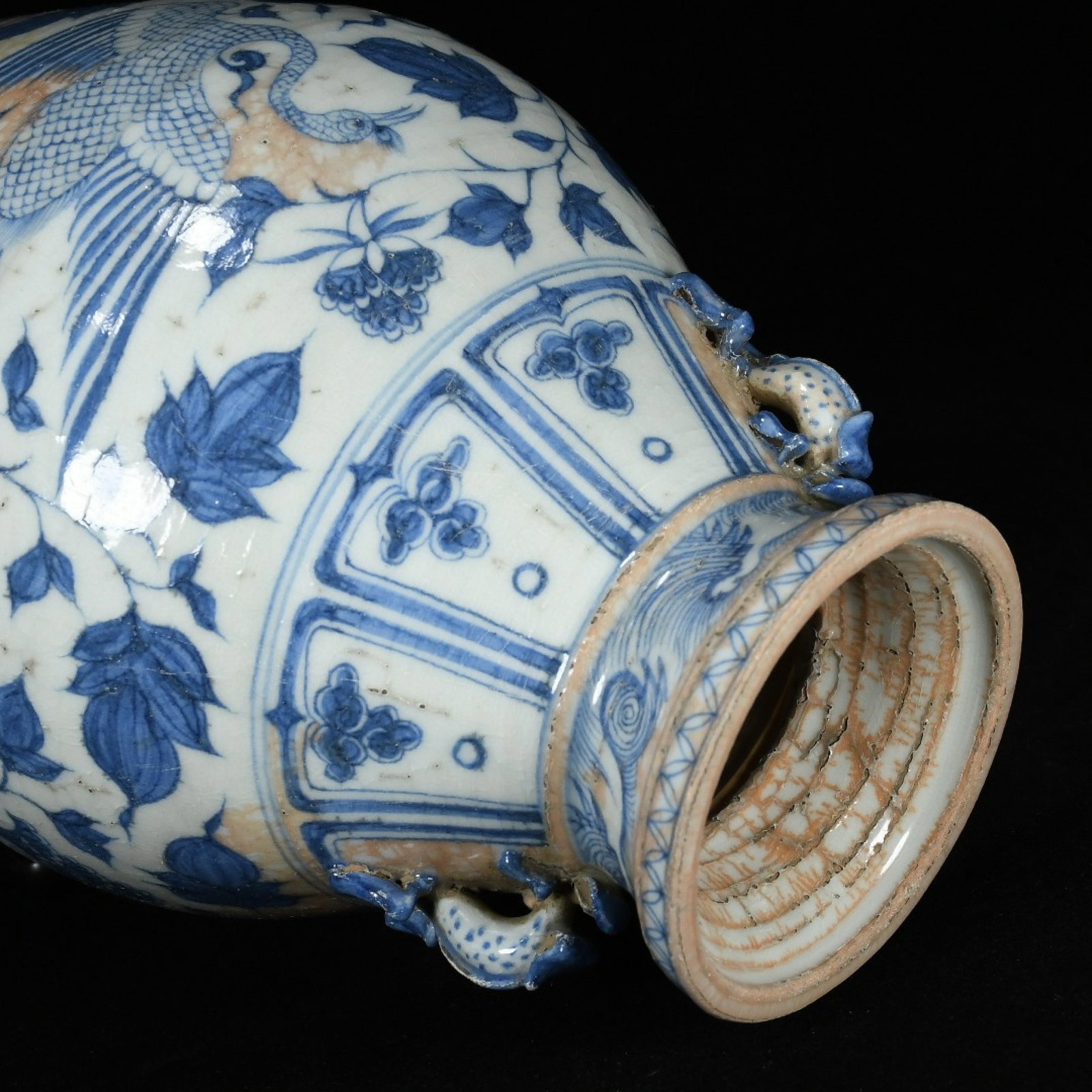 A Rare Blue and White Lotus and Phoenix Pattern Beast-Ears Vase - 7
