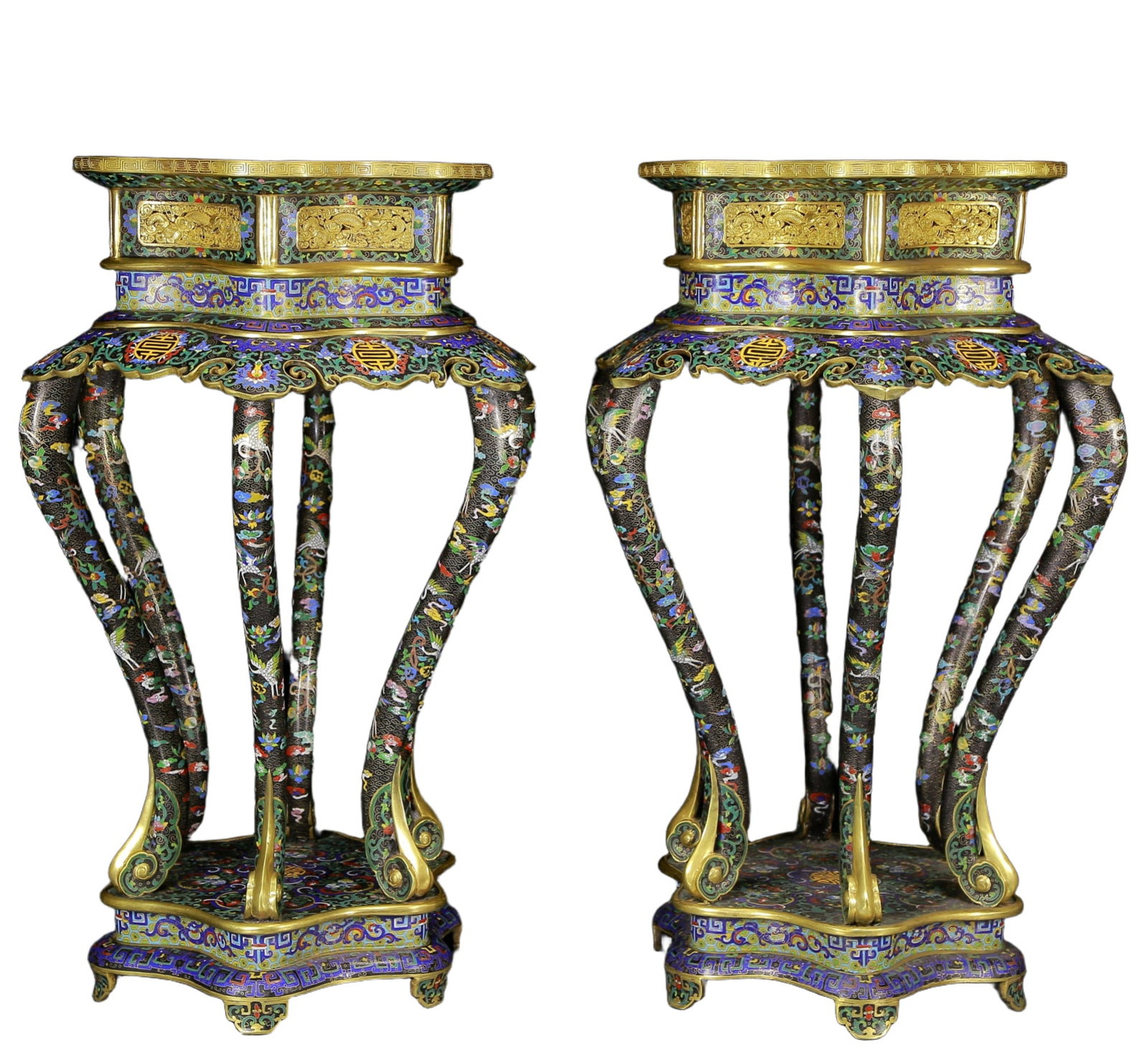 A Pair of Huge Cloisonne Auspicious Cloud and Crane Pattern Stools: Estimated Value:90000-180000 A Pair of Huge Cloisonne Auspicious Cloud and Crane Pattern Stools,Qing Dynasty, China,Qianlong Six-character Mark,Size:15.7inx28in,Total Weight:56030g
