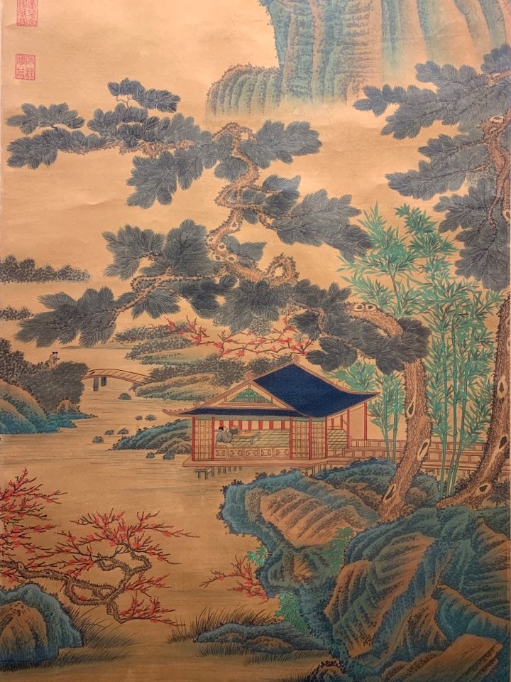 A Chinese Vertical Scroll Ink Painting of Landscape and Figure on Silk,Dong Qichang - 17