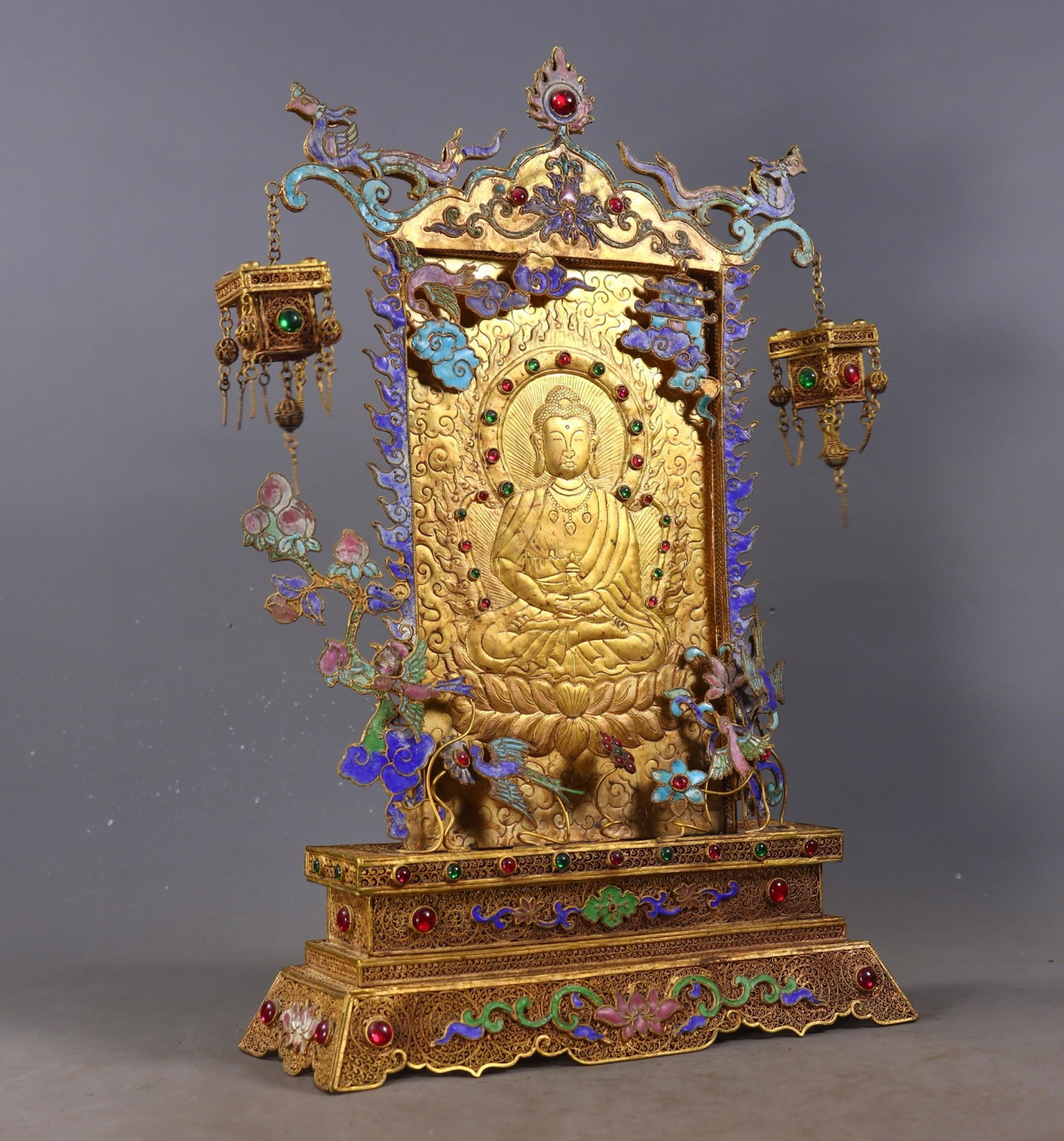 A Rare Filigree and Gilding Buddha Statue Pattern Table Screen,Inlaid Gems - 2