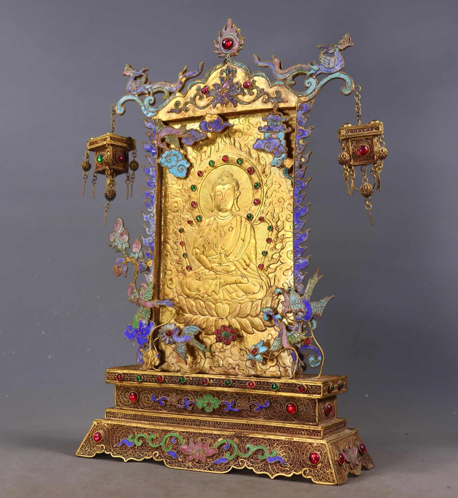 A Rare Filigree and Gilding Buddha Statue Pattern Table Screen,Inlaid Gems - 3